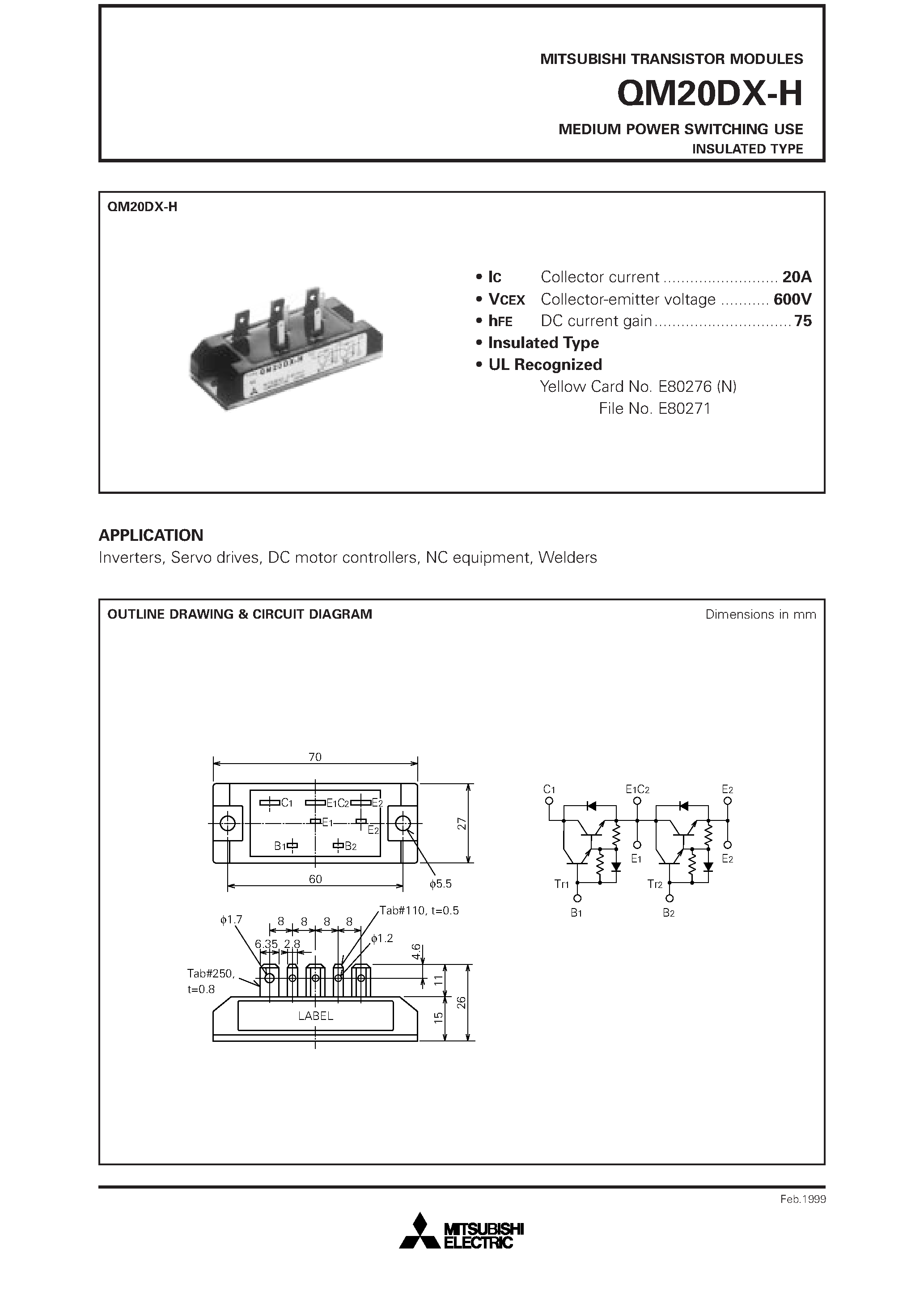 Даташит QM20DX-H - MEDIUM POWER SWITCHING USE INSULATED TYPE страница 1