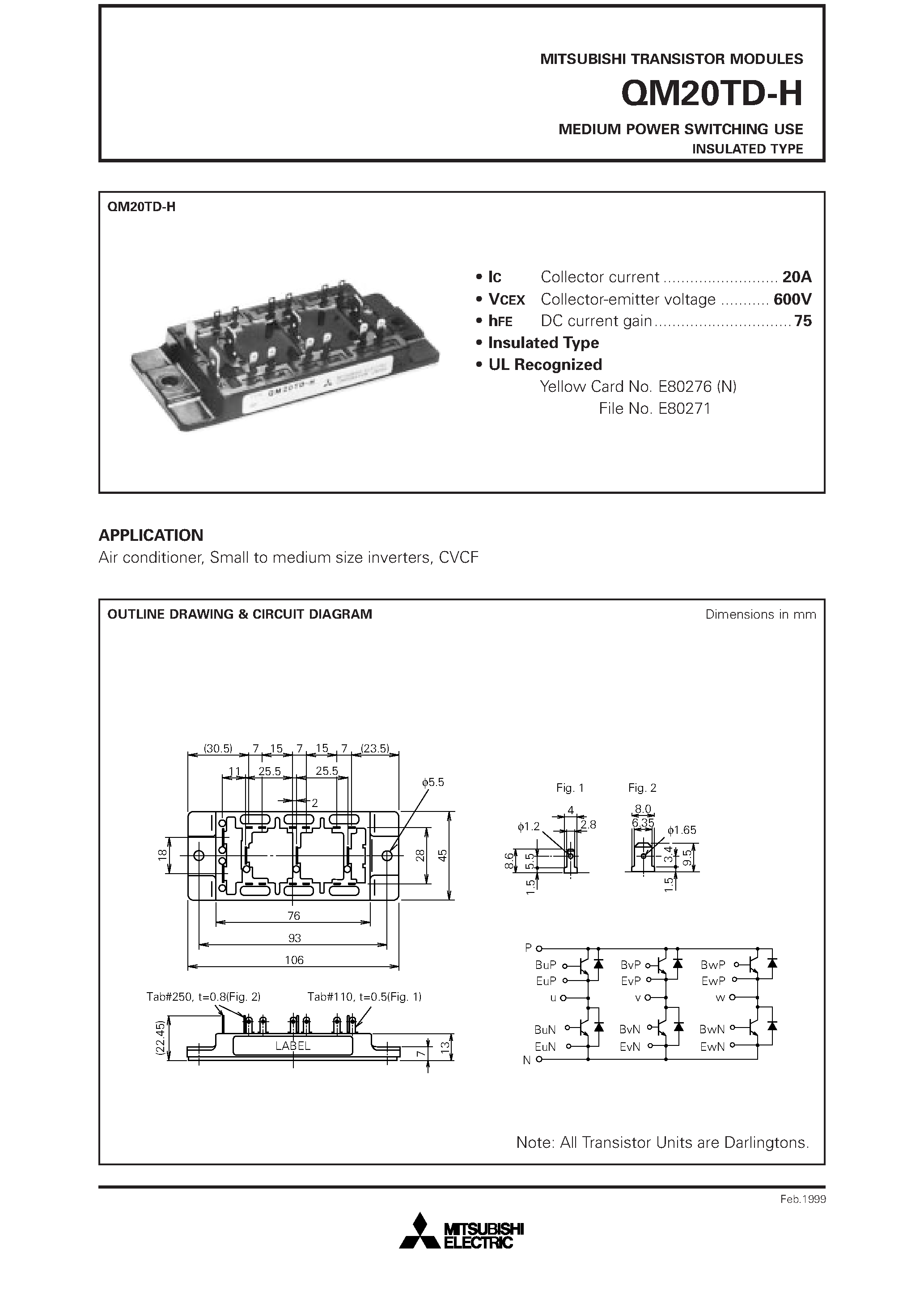 Даташит QM20TD-H - MEDIUM POWER SWITCHING USE INSULATED TYPE страница 1