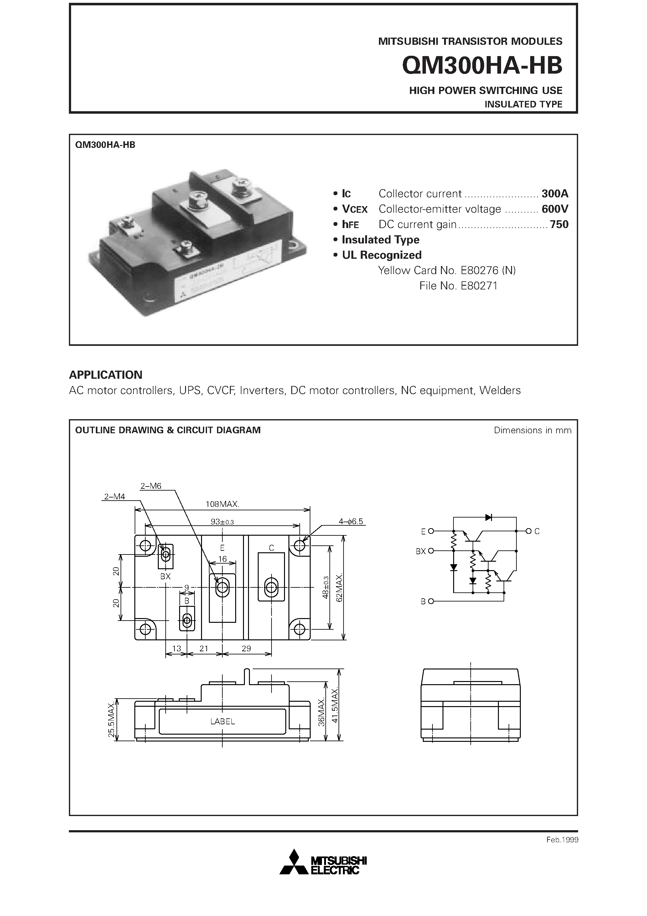 Даташит QM300HA-H - HIGH POWER SWITCHING USE INSULATED TYPE страница 1