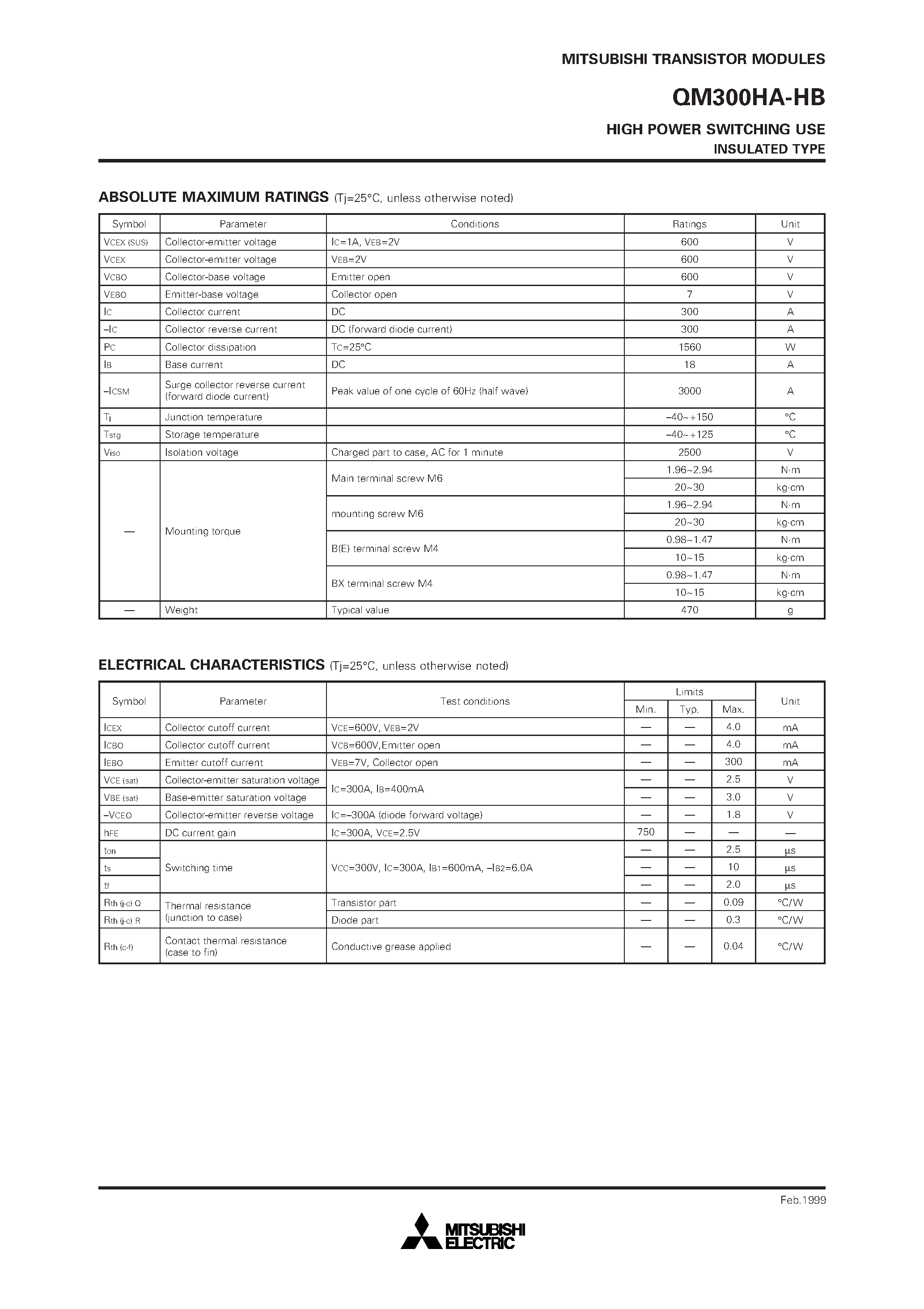 Даташит QM300HA-H - HIGH POWER SWITCHING USE INSULATED TYPE страница 2