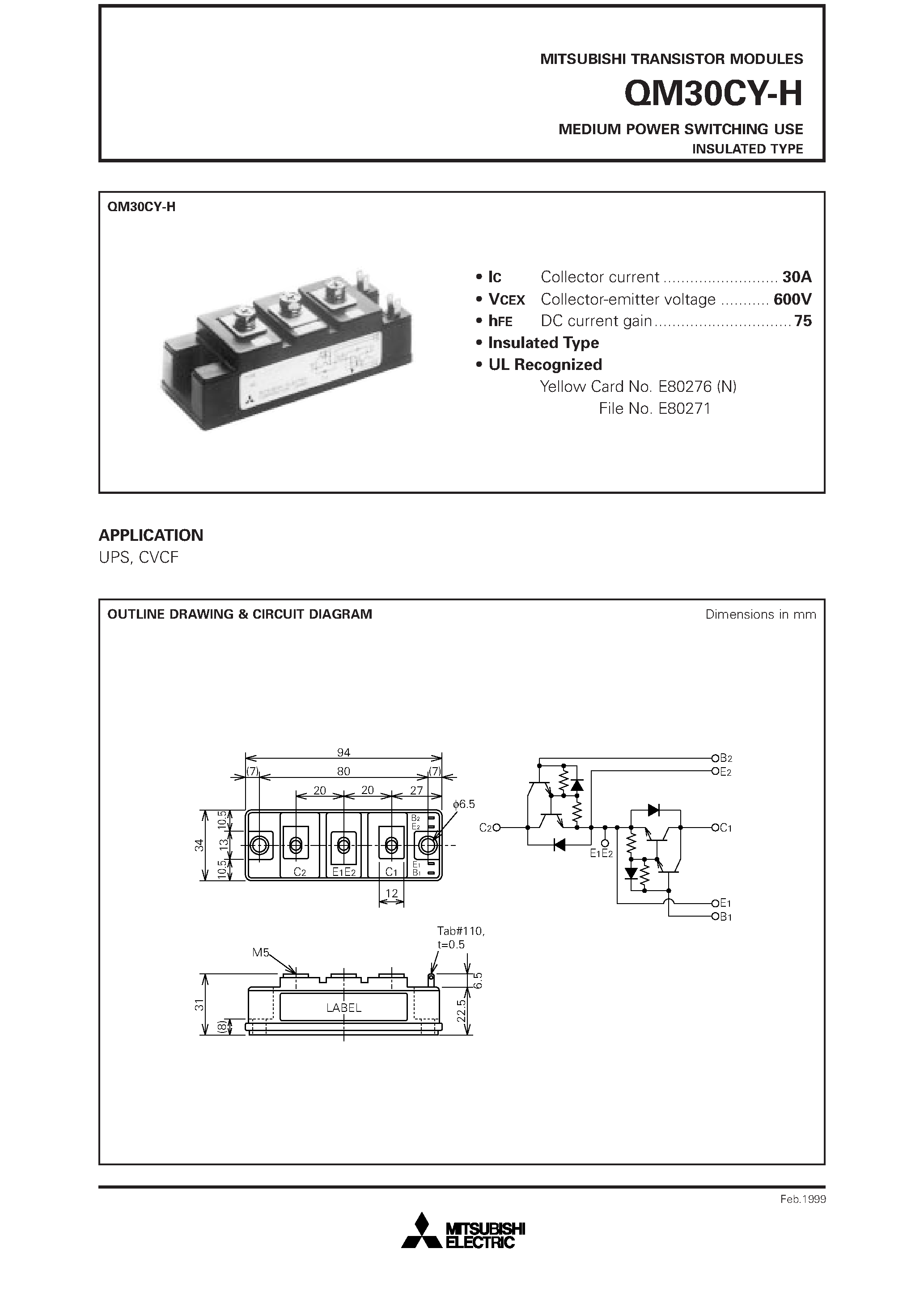 Даташит QM30CY-H - MEDIUM POWER SWITCHING USE INSULATED TYPE страница 1