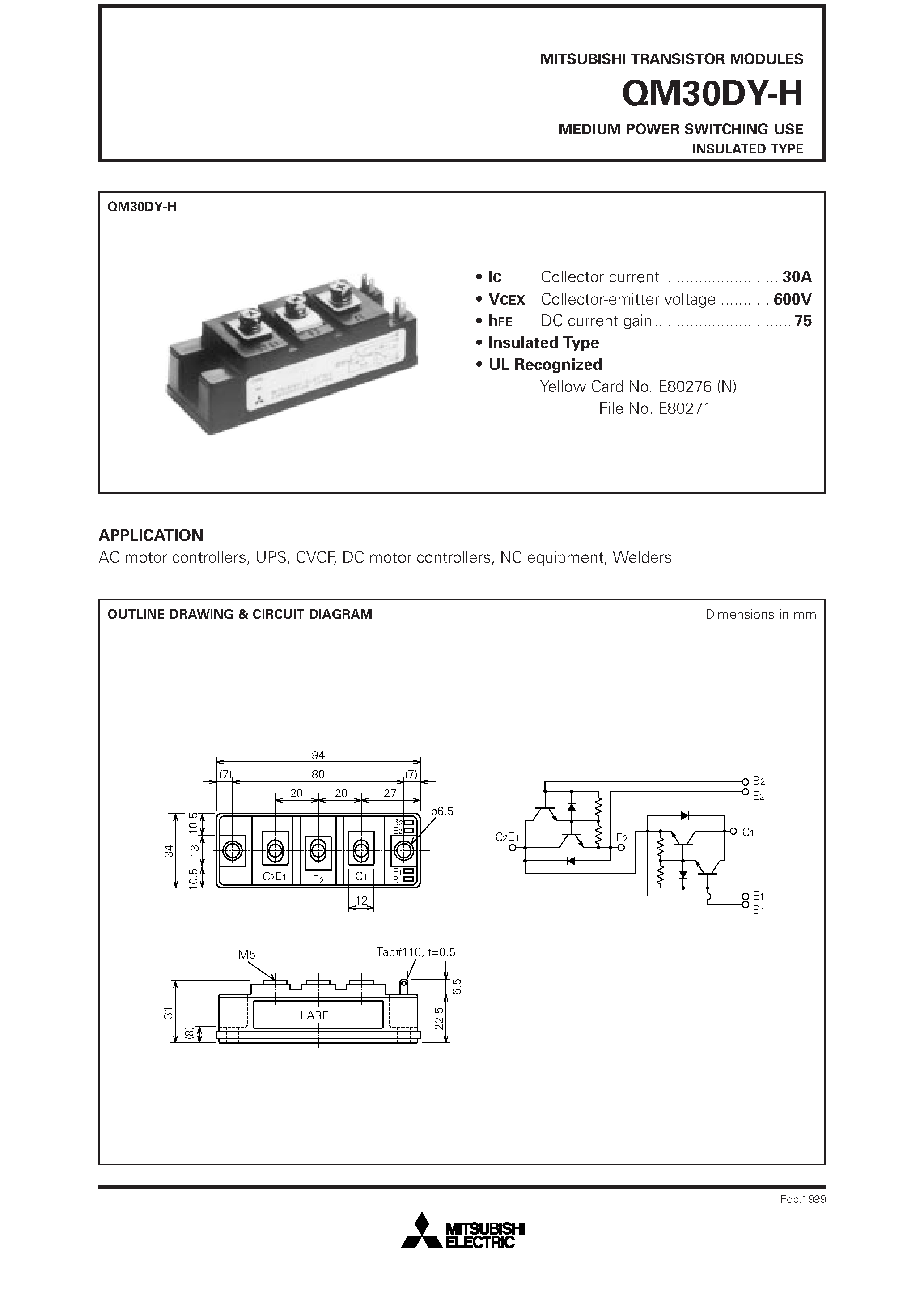 Даташит QM30DY-H - MEDIUM POWER SWITCHING USE INSULATED TYPE страница 1