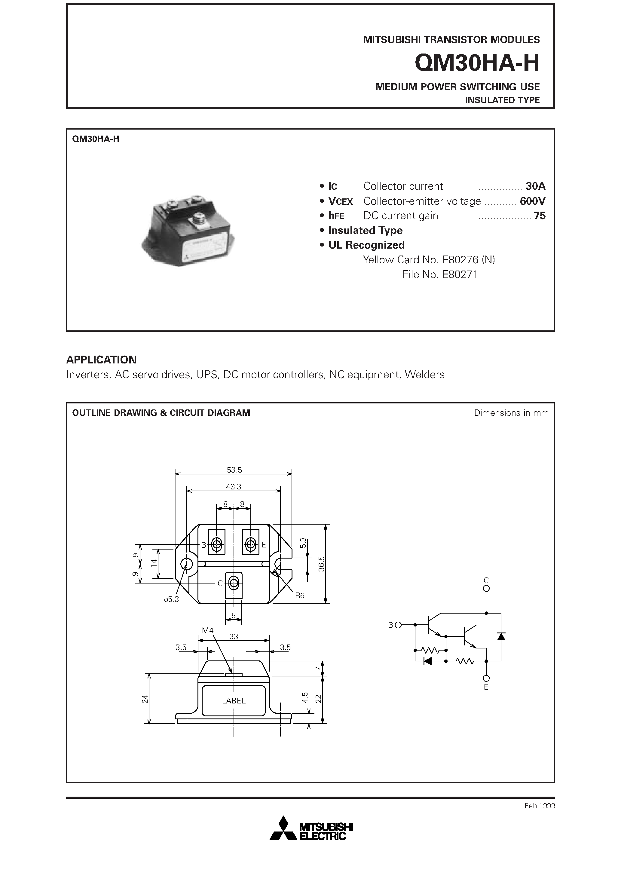 Даташит QM30HA-H - MEDIUM POWER SWITCHING USE INSULATED TYPE страница 1