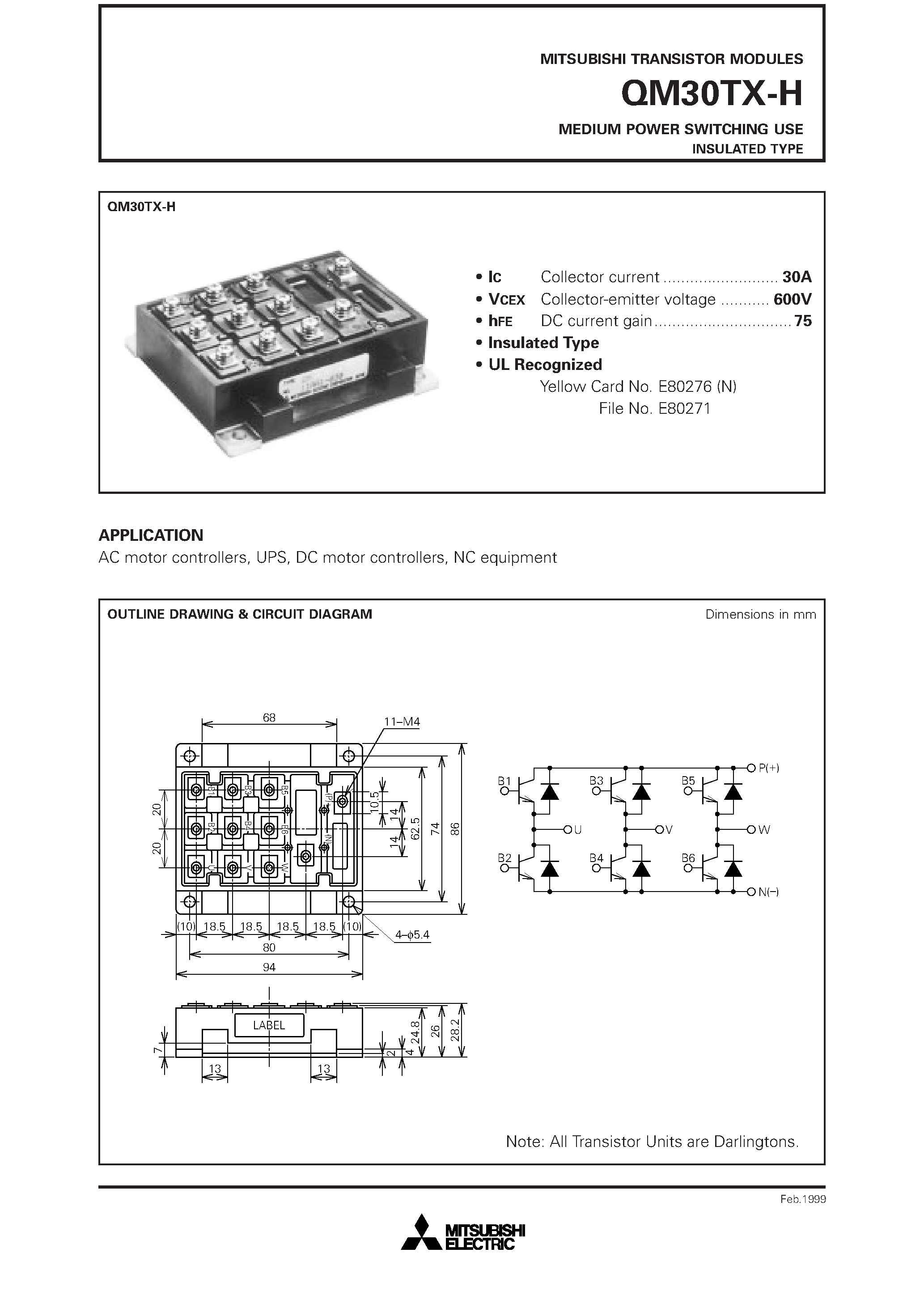 Даташит QM30TX-H - MEDIUM POWER SWITCHING USE INSULATED TYPE страница 1