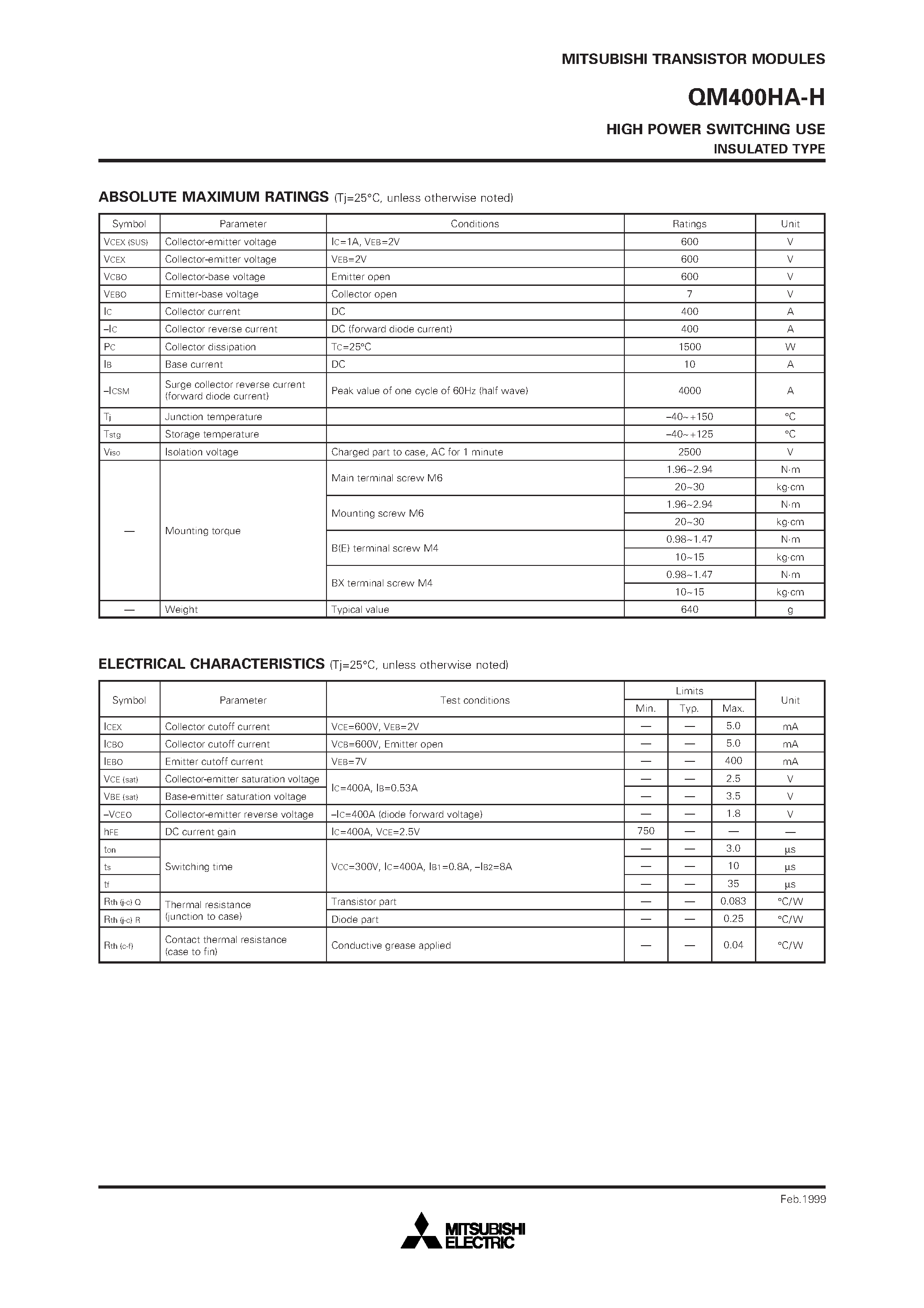 Даташит QM400HA-H - HIGH POWER SWITCHING USE INSULATED TYPE страница 2