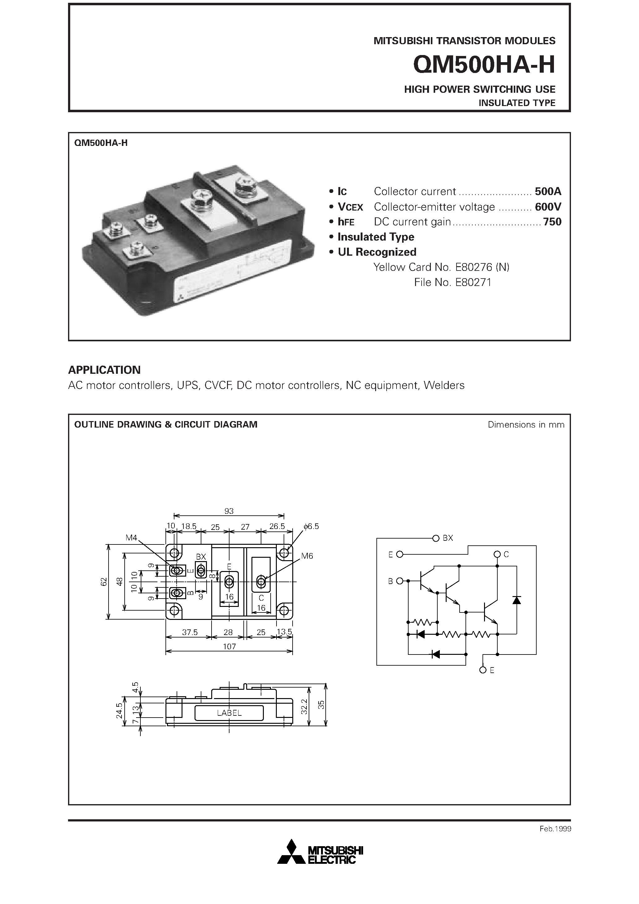 Даташит QM500HA-H - HIGH POWER SWITCHING USE INSULATED TYPE страница 1