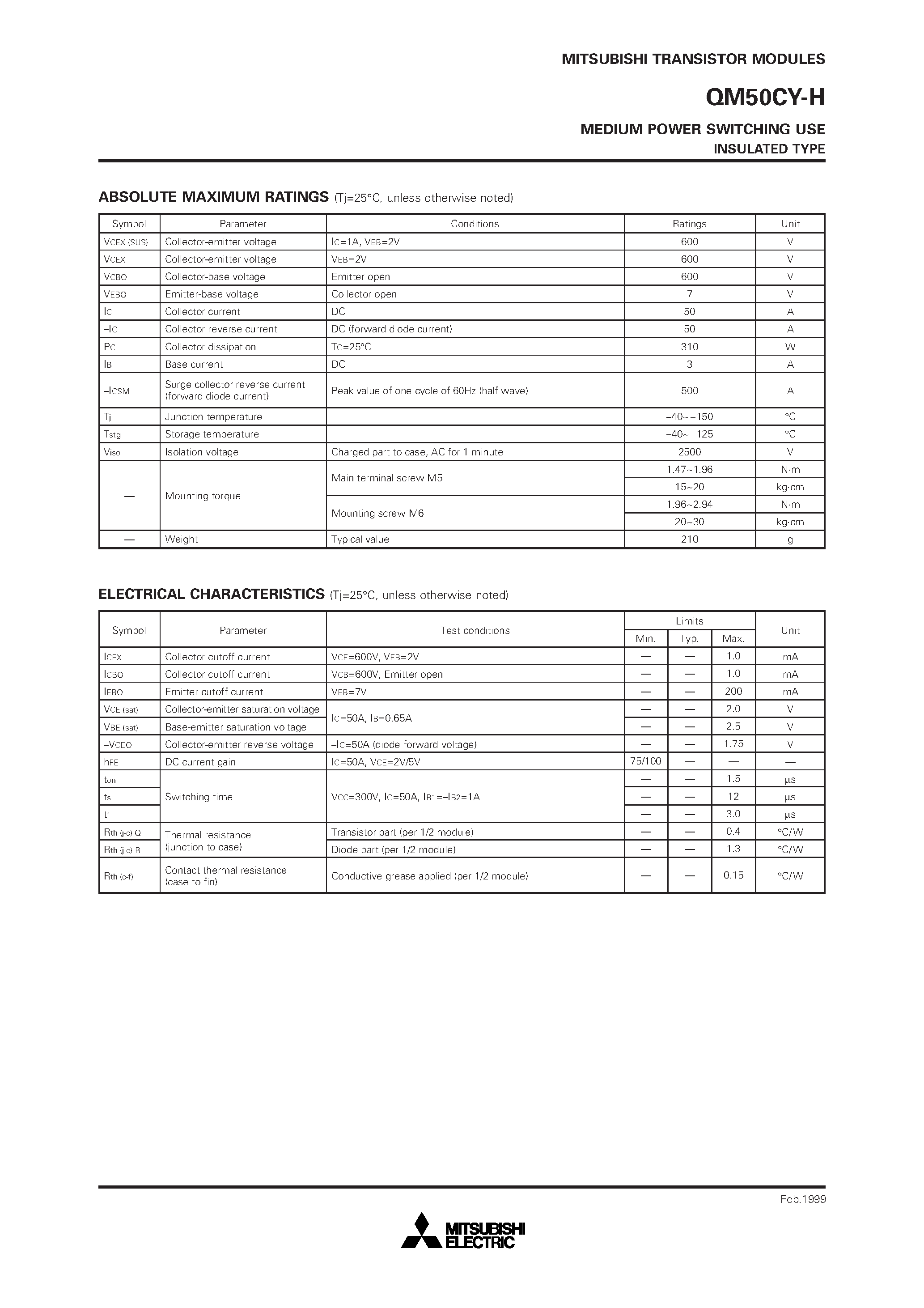 Даташит QM50CY-H - MEDIUM POWER SWITCHING USE INSULATED TYPE страница 2