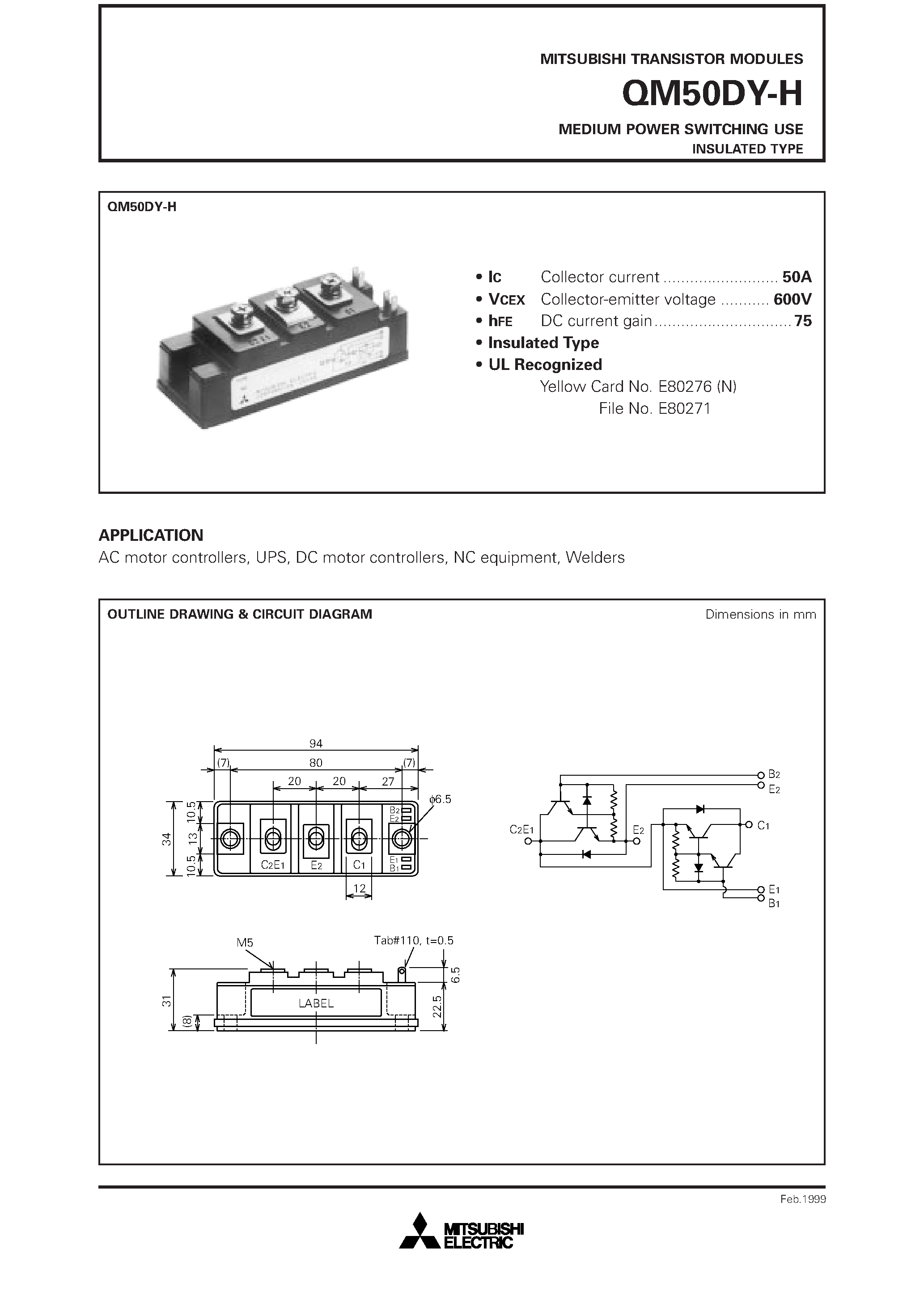 Даташит QM50DY-H - MEDIUM POWER SWITCHING USE INSULATED TYPE страница 1