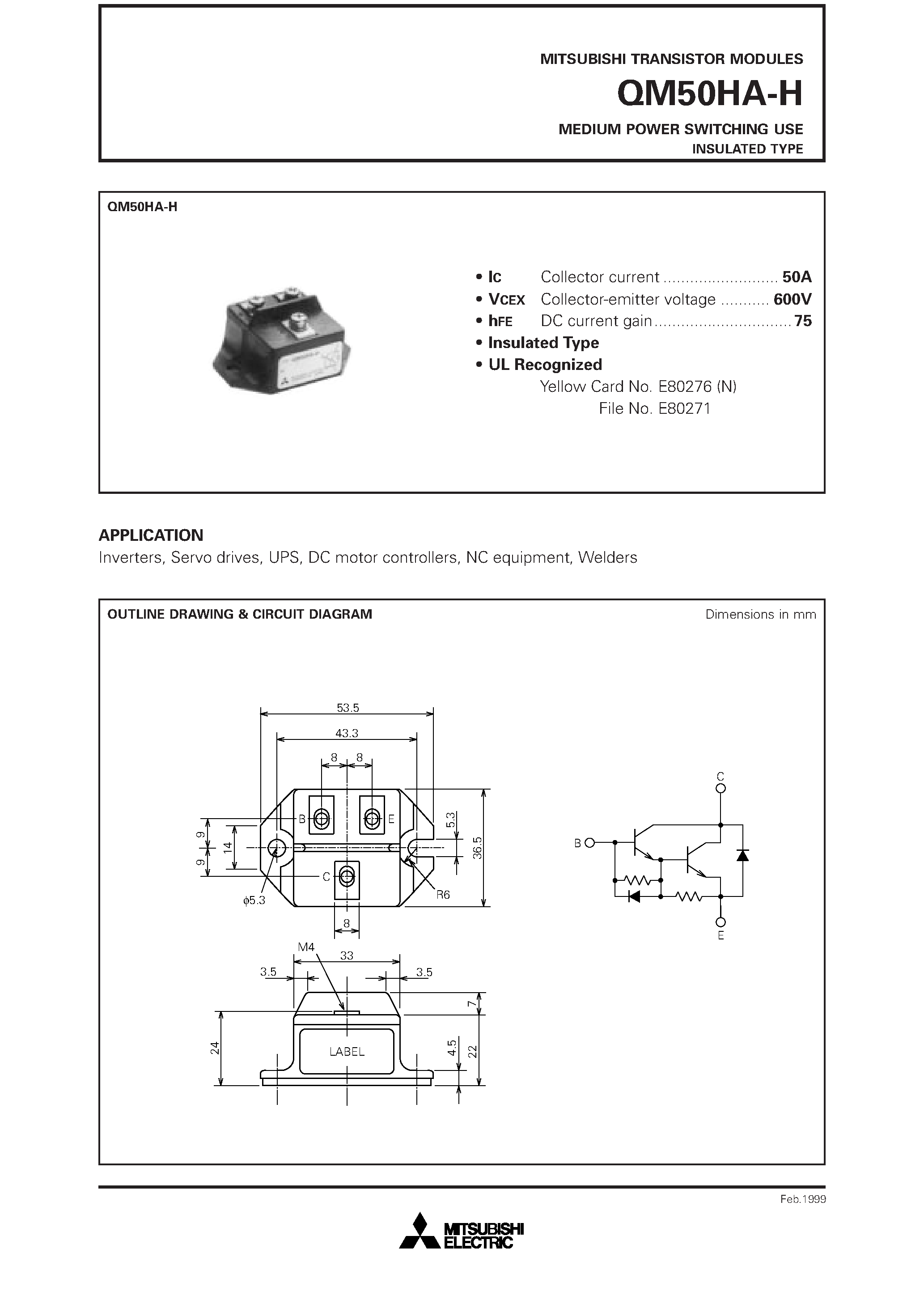 Даташит QM50HA-H - MEDIUM POWER SWITCHING USE INSULATED TYPE страница 1