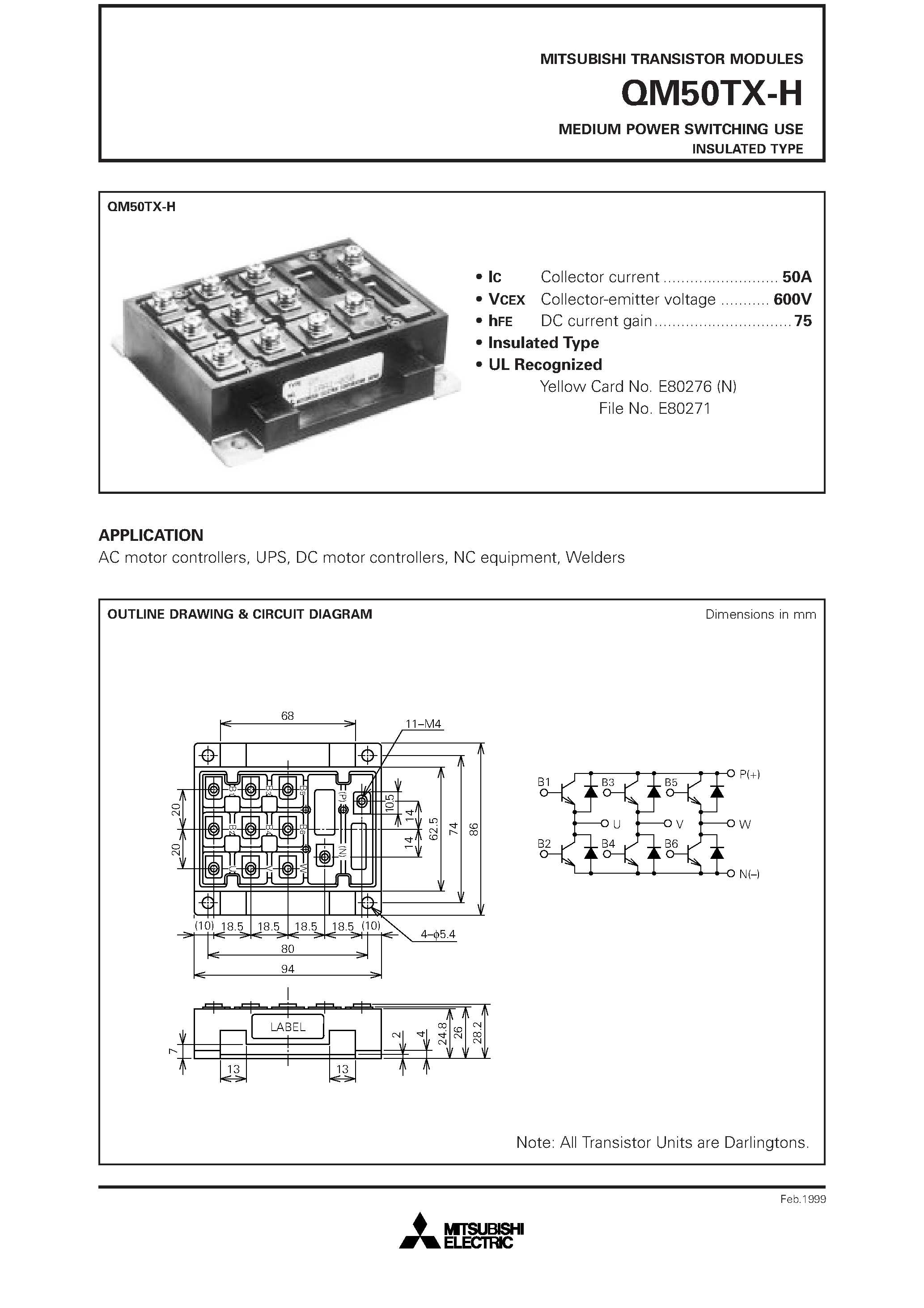 Даташит QM50TX-H - MEDIUM POWER SWITCHING USE INSULATED TYPE страница 1