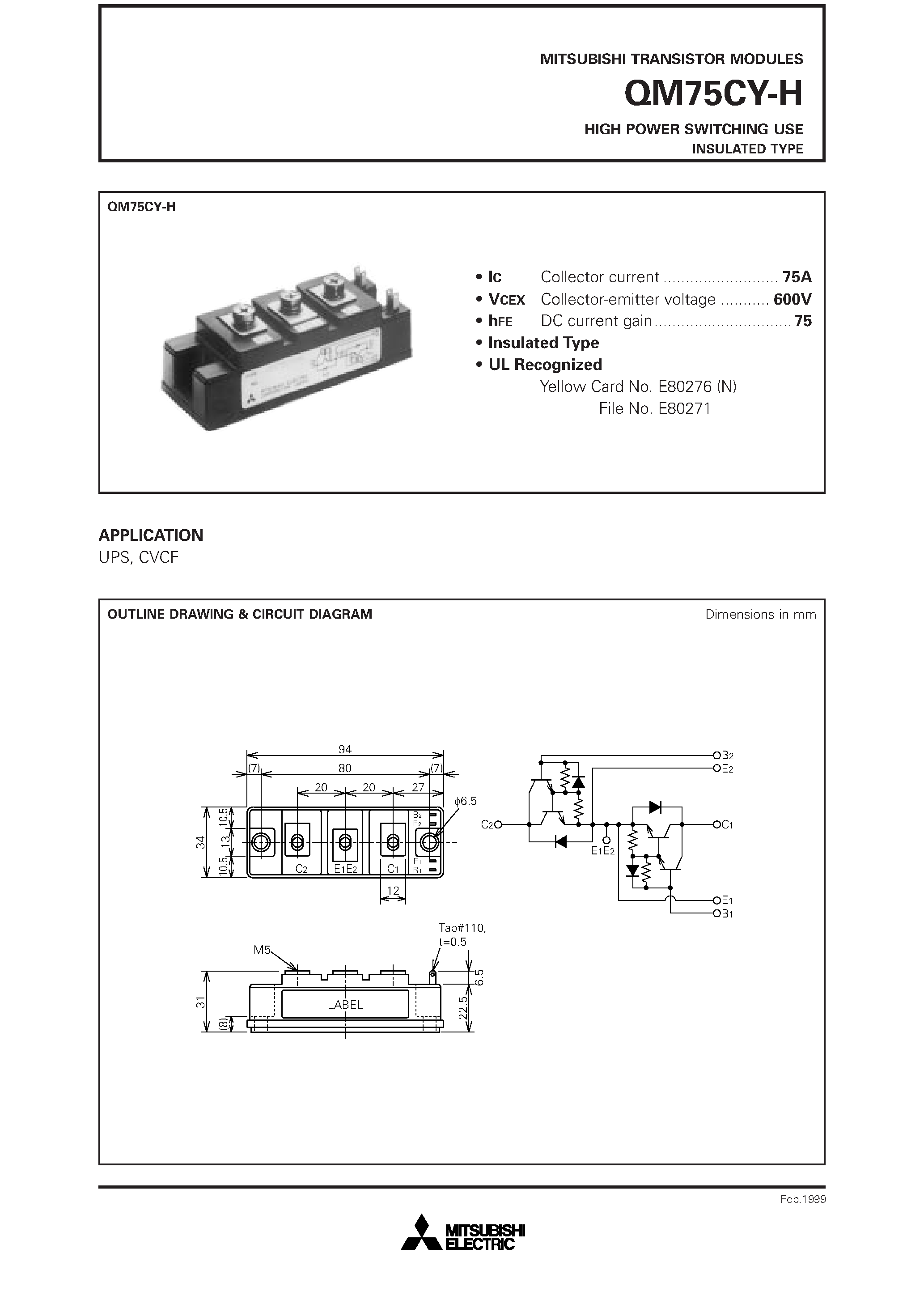 Даташит QM75CY-H - HIGH POWER SWITCHING USE INSULATED TYPE страница 1