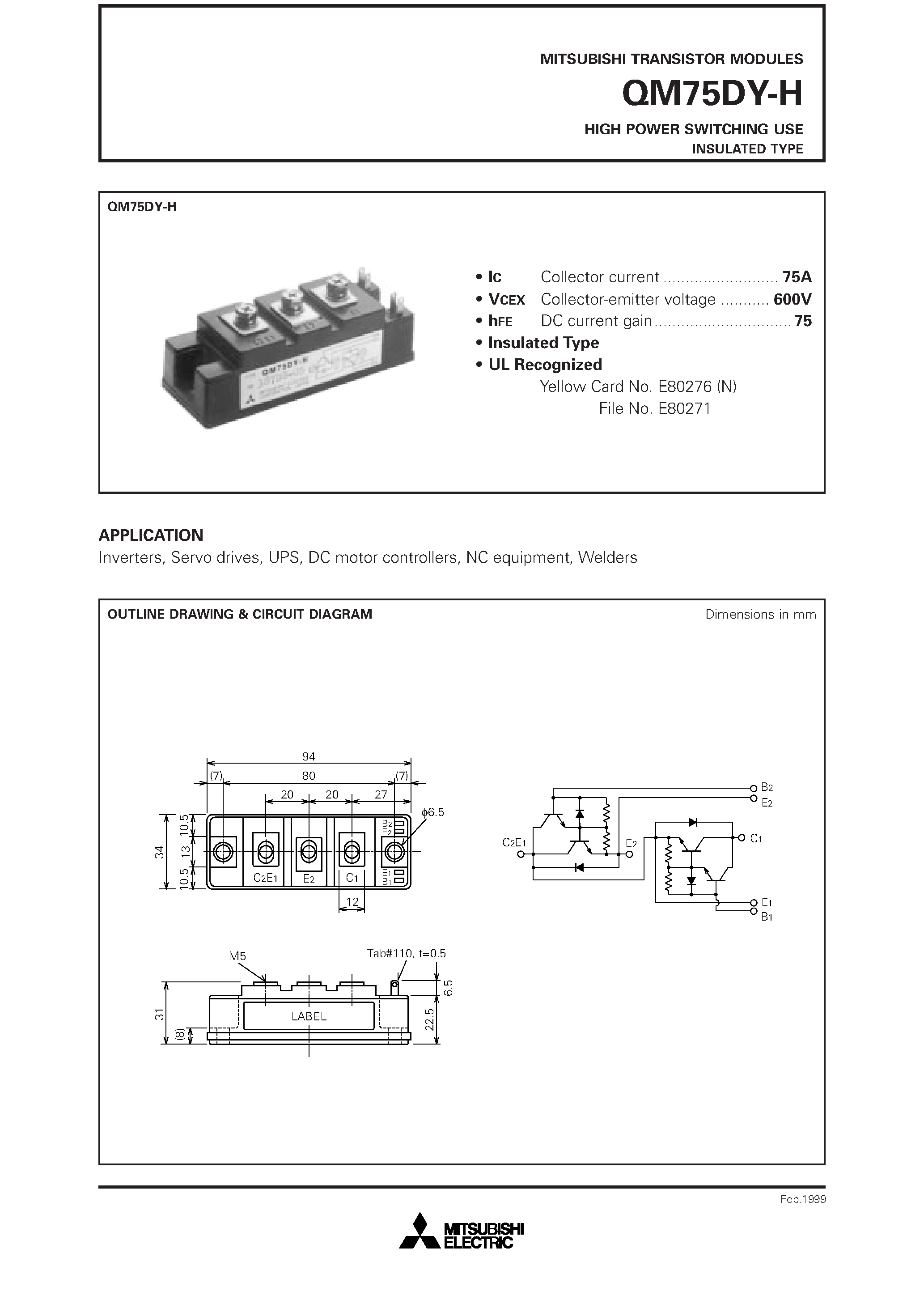 Даташит QM75DY-H - HIGH POWER SWITCHING USE INSULATED TYPE страница 1