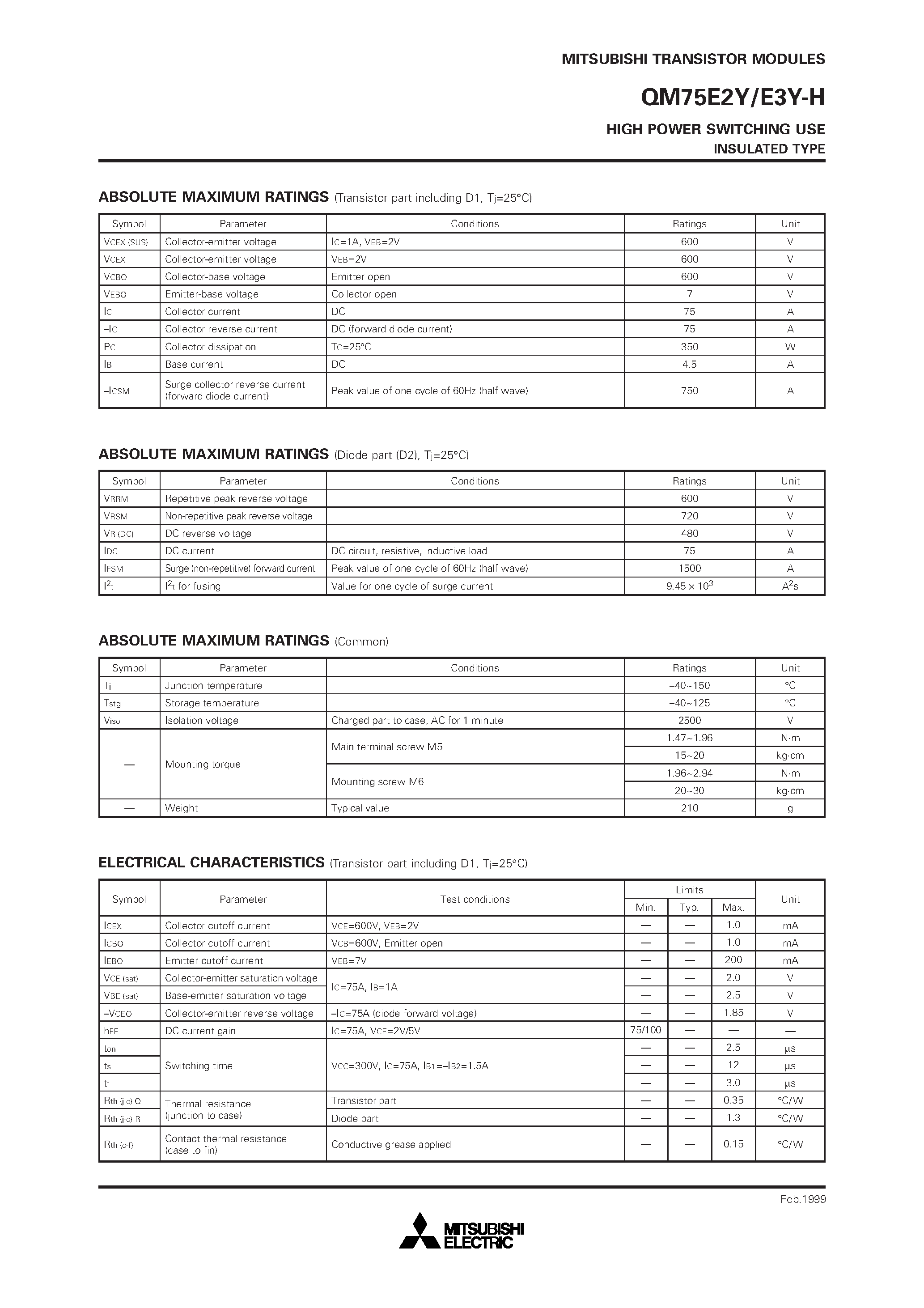 Даташит QM75E2Y-H - HIGH POWER SWITCHING USE INSULATED TYPE страница 2