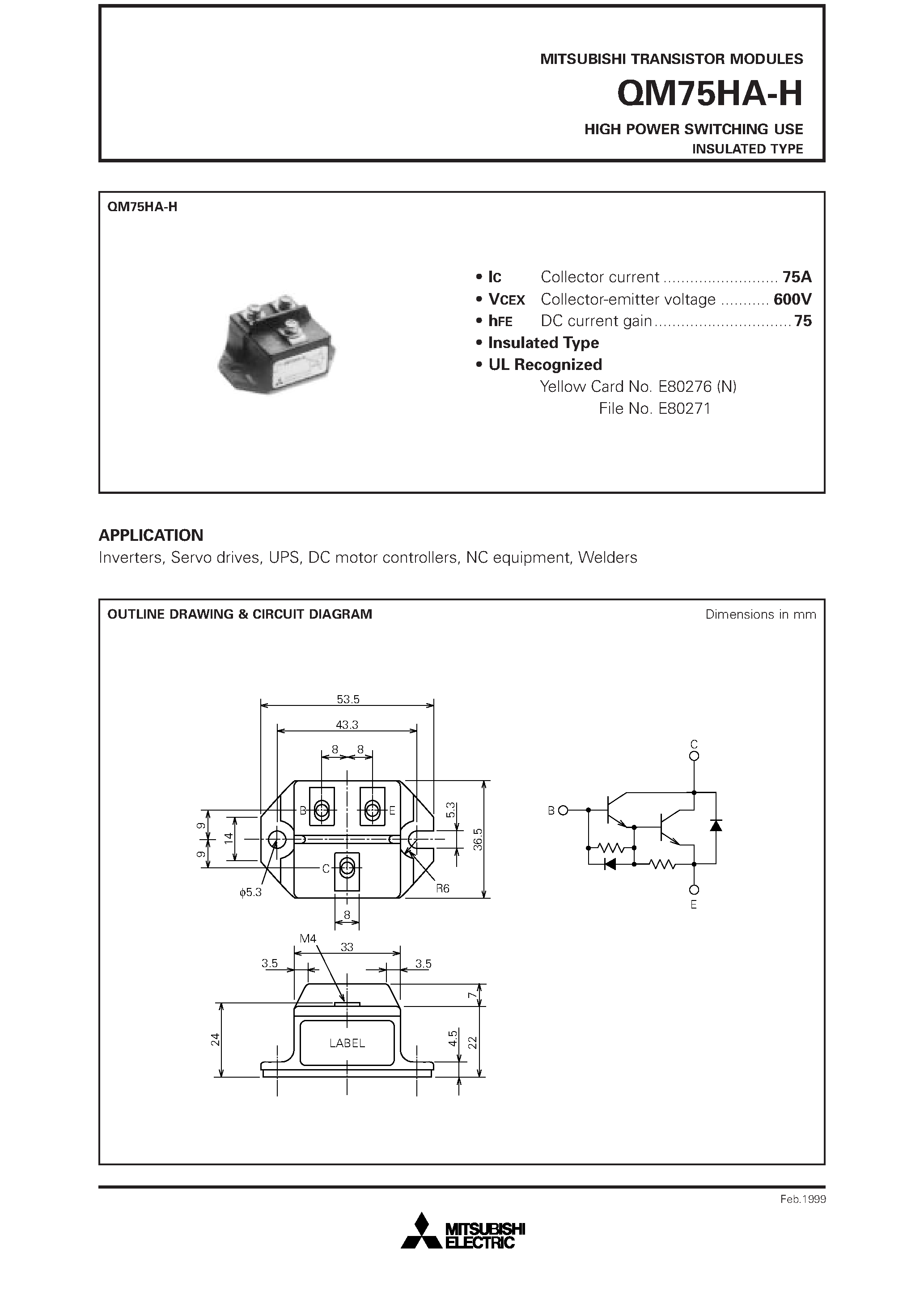 Даташит QM75HA-H - HIGH POWER SWITCHING USE INSULATED TYPE страница 1