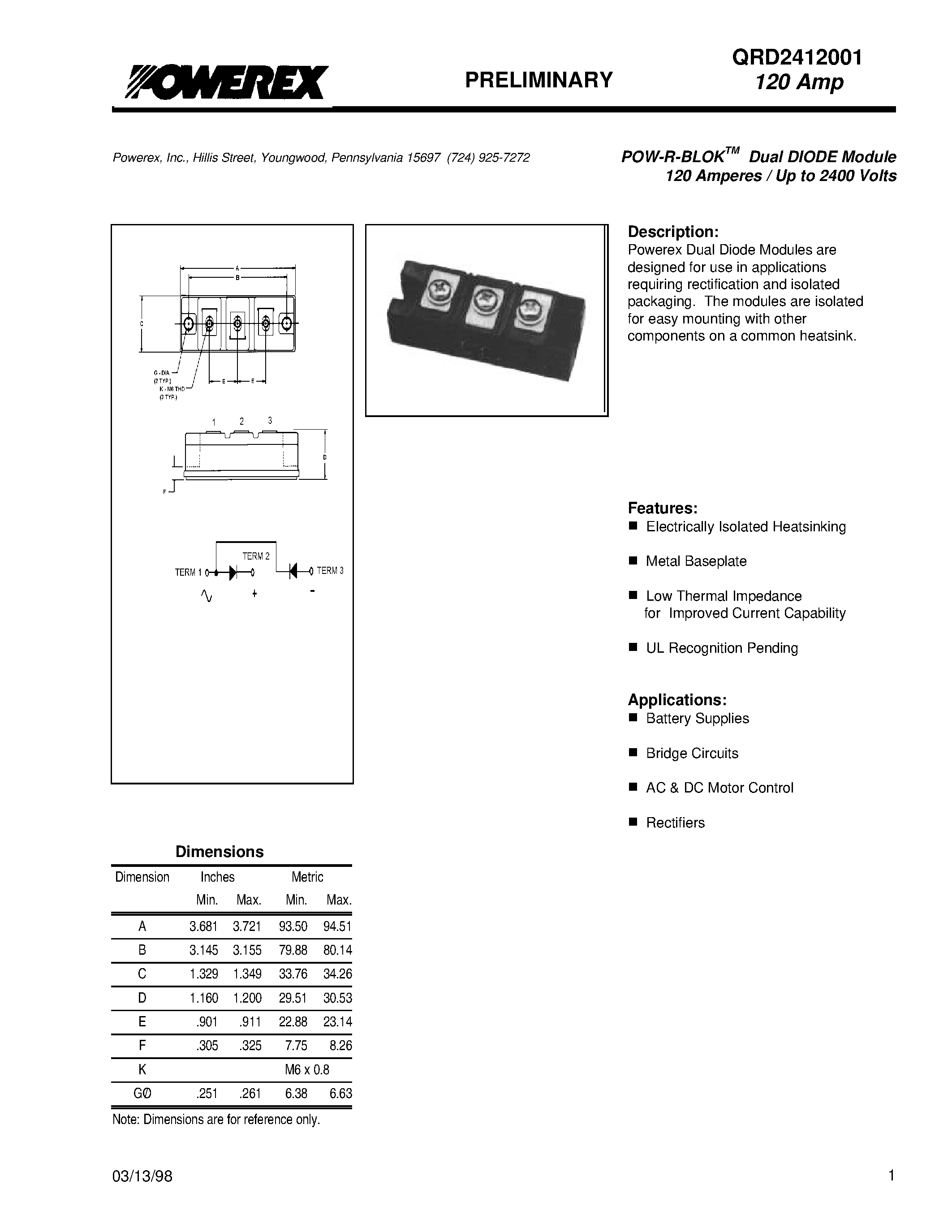 Даташит QRD2412001 - POW-R-BLOK Dual DIODE Module (120 Amperes / Up to 2400 Volts) страница 1