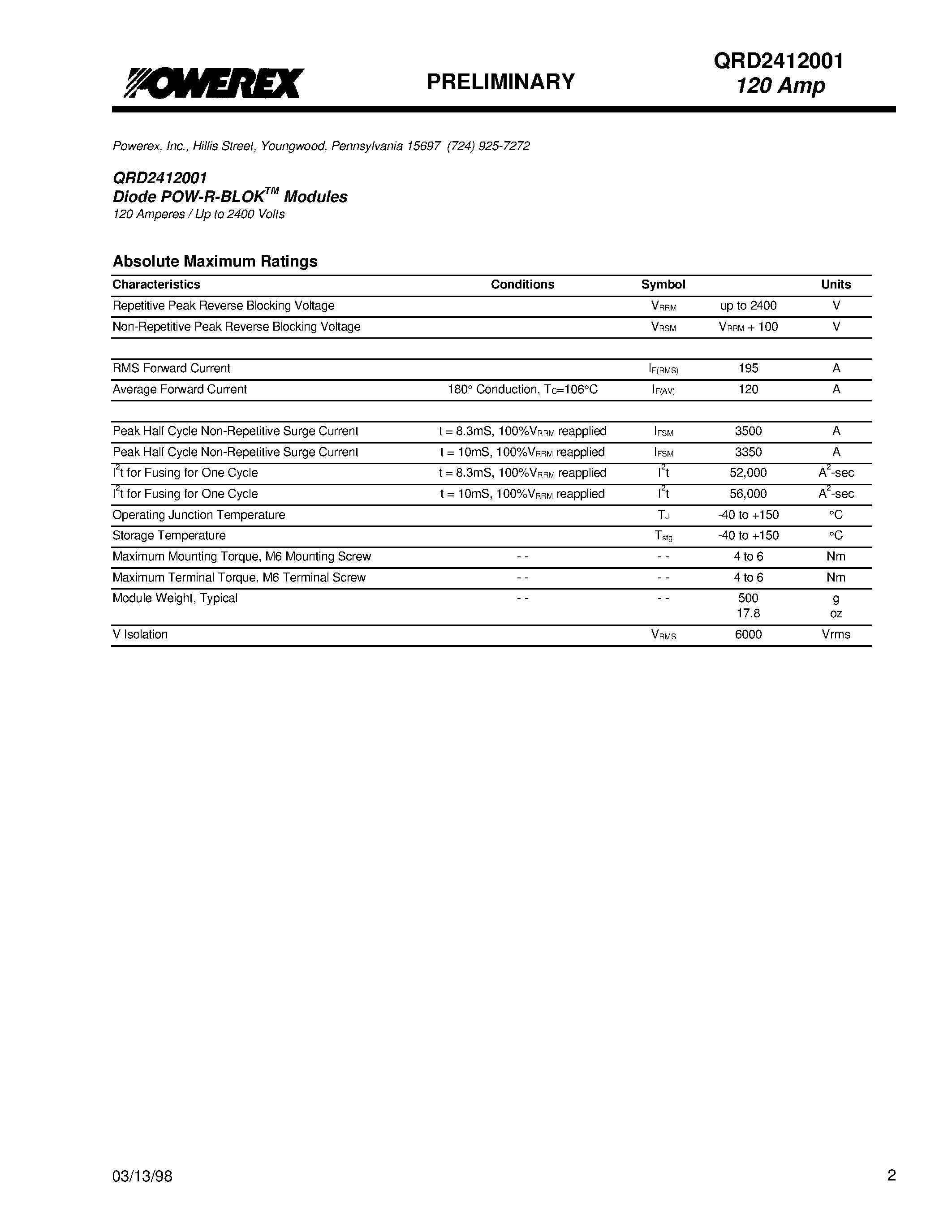 Даташит QRD2412001 - POW-R-BLOK Dual DIODE Module (120 Amperes / Up to 2400 Volts) страница 2