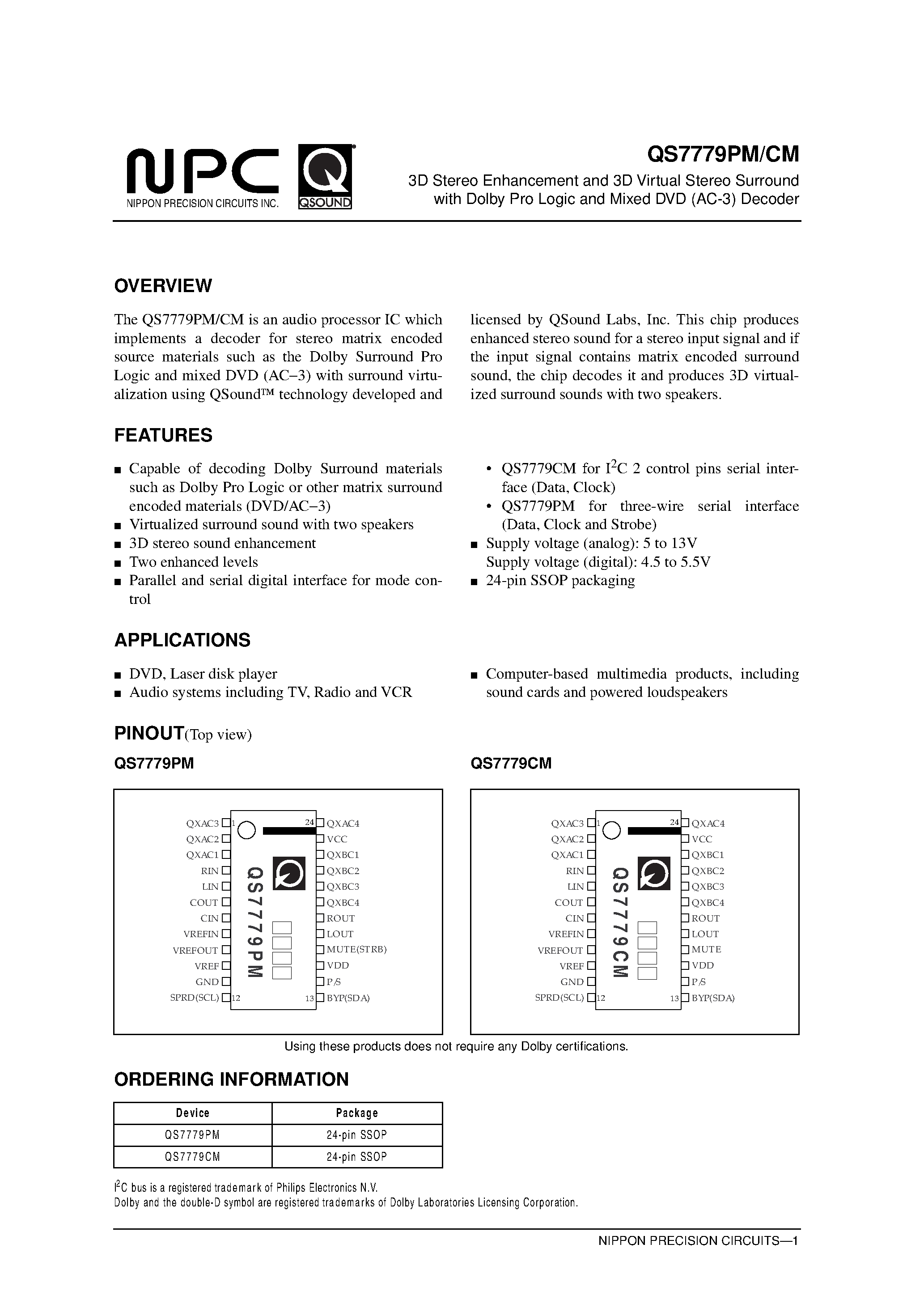 Даташит QS7779PM - 3D Stereo Enhancement and 3D Virtual Stereo Surround with Dolby Pro Logic and Mixed DVD (AC-3) Decoder страница 1