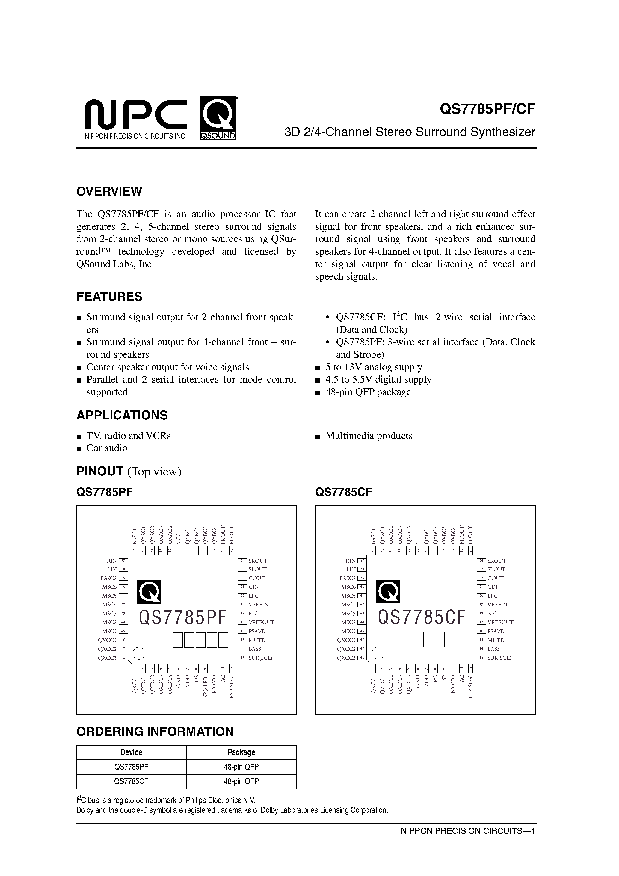 Даташит QS7785CF - 3D 2/4-Channel Stereo Surround Synthesizer страница 1