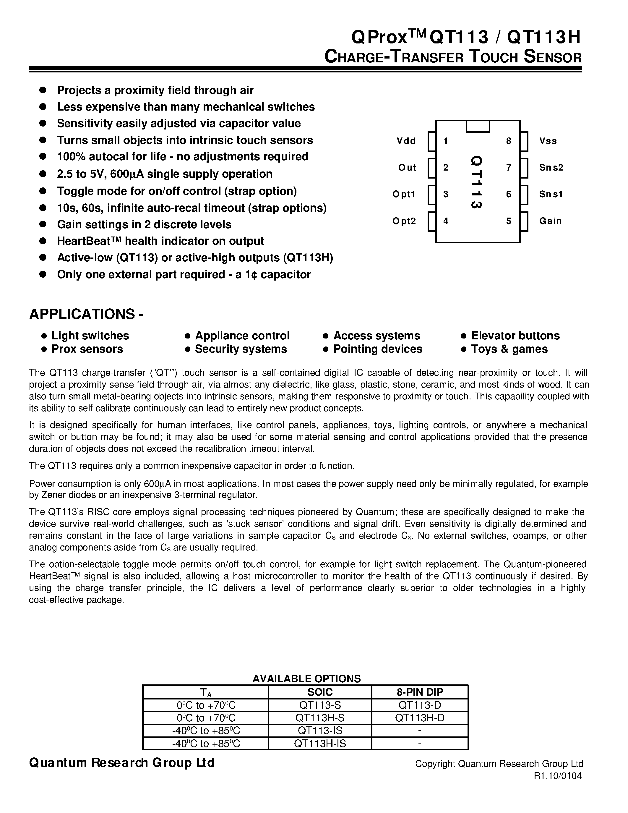 Datasheet QT113-D - CHARGE-TRANSFER TOUCH SENSOR page 1