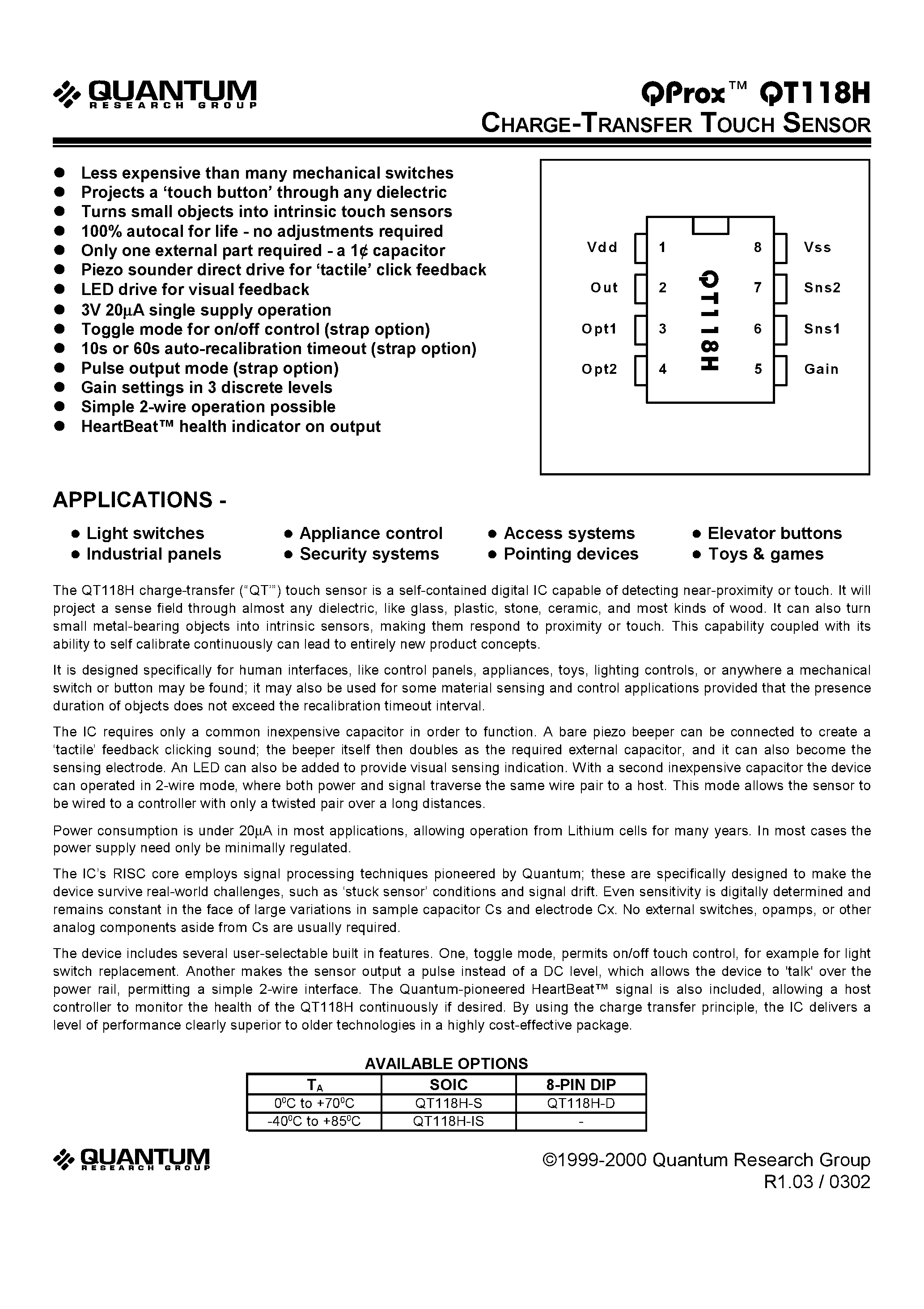 Datasheet QT118H-D - CHARGE-TRANSFER TOUCH SENSOR page 1