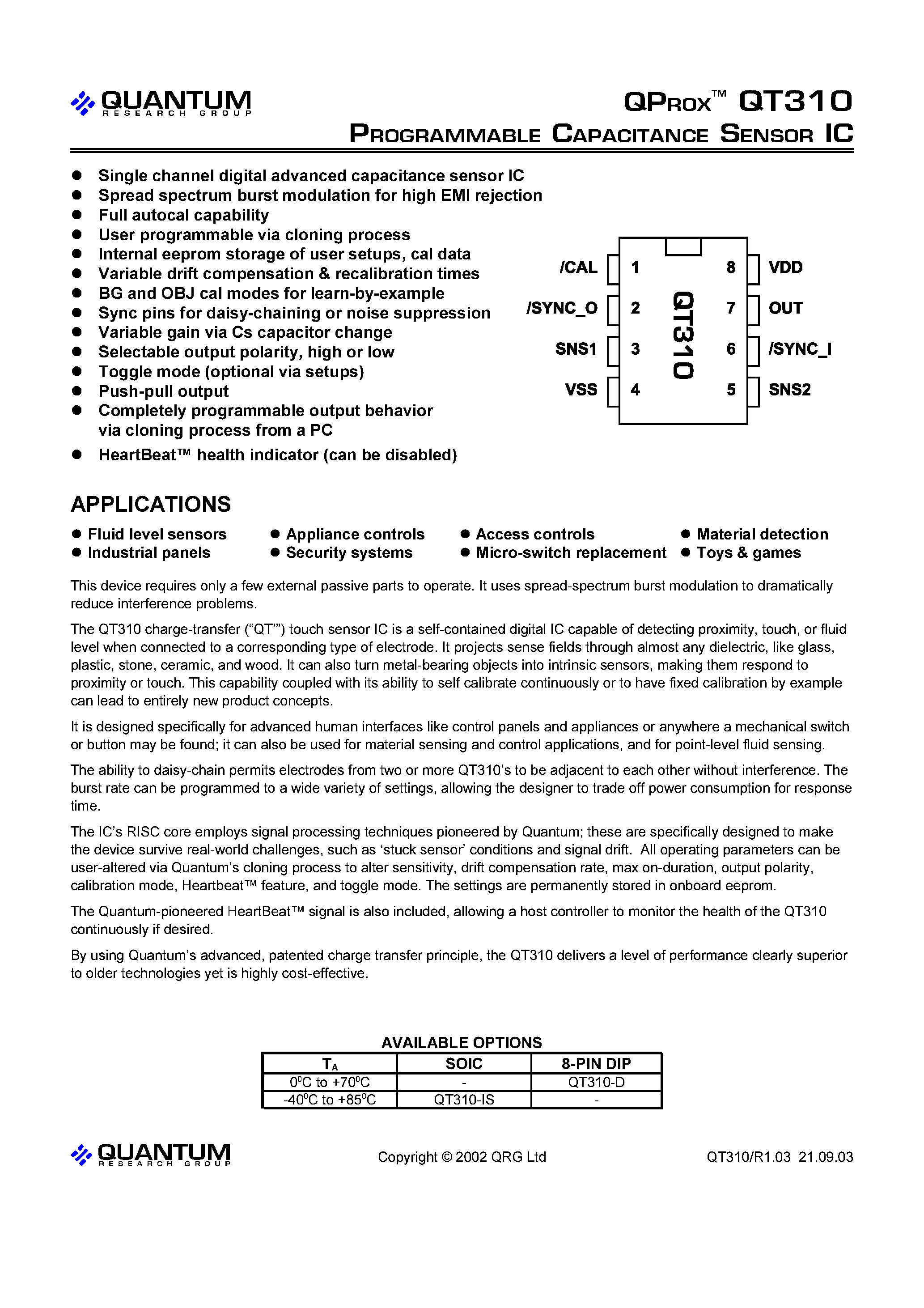 Datasheet QT310-D - PROGRAMMABLE CAPACITANCE SENSOR IC page 1