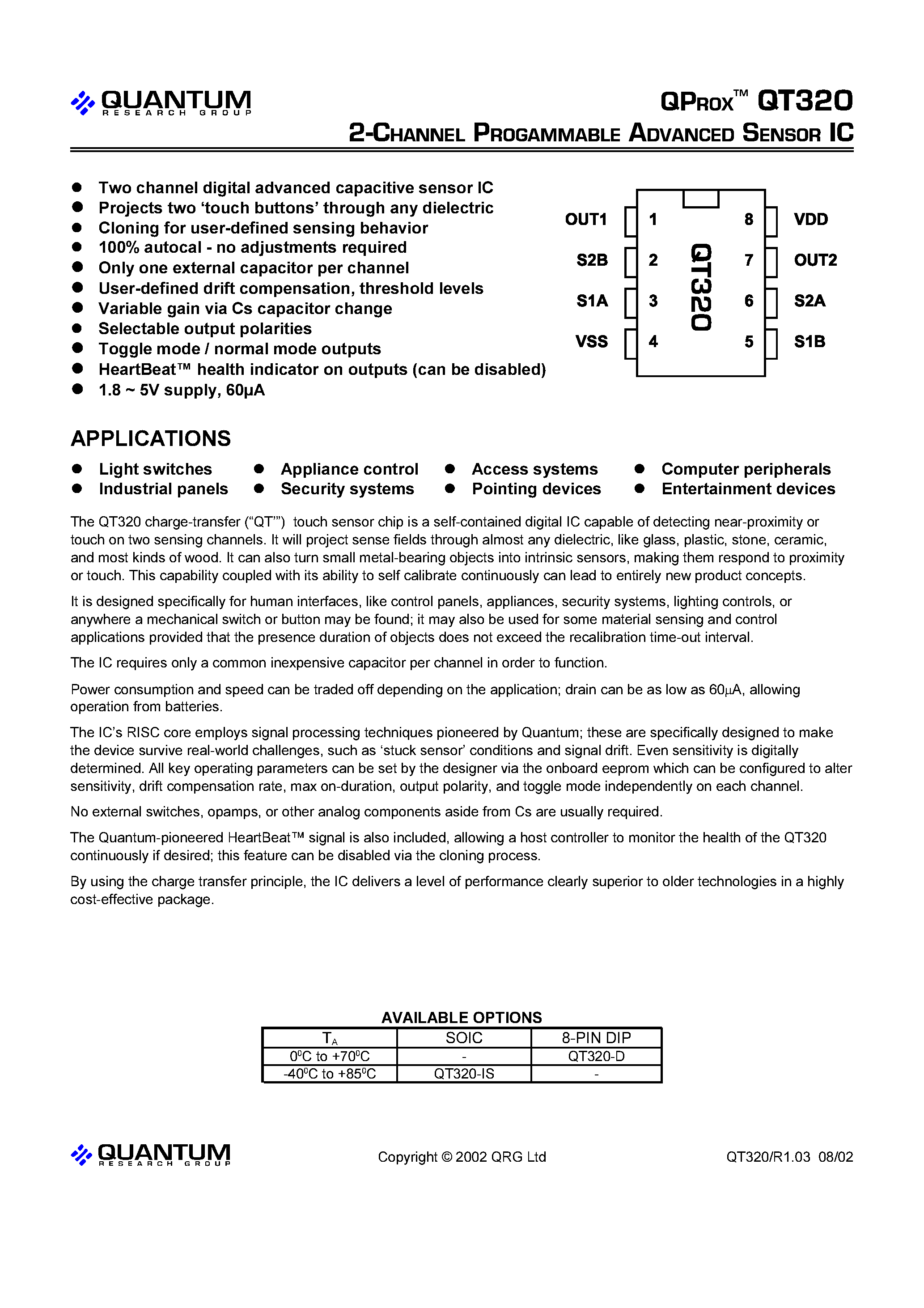 Даташит QT320-D - 2 CHANNEL PROGAMMABLE ADVANCED SENSOR IC страница 1