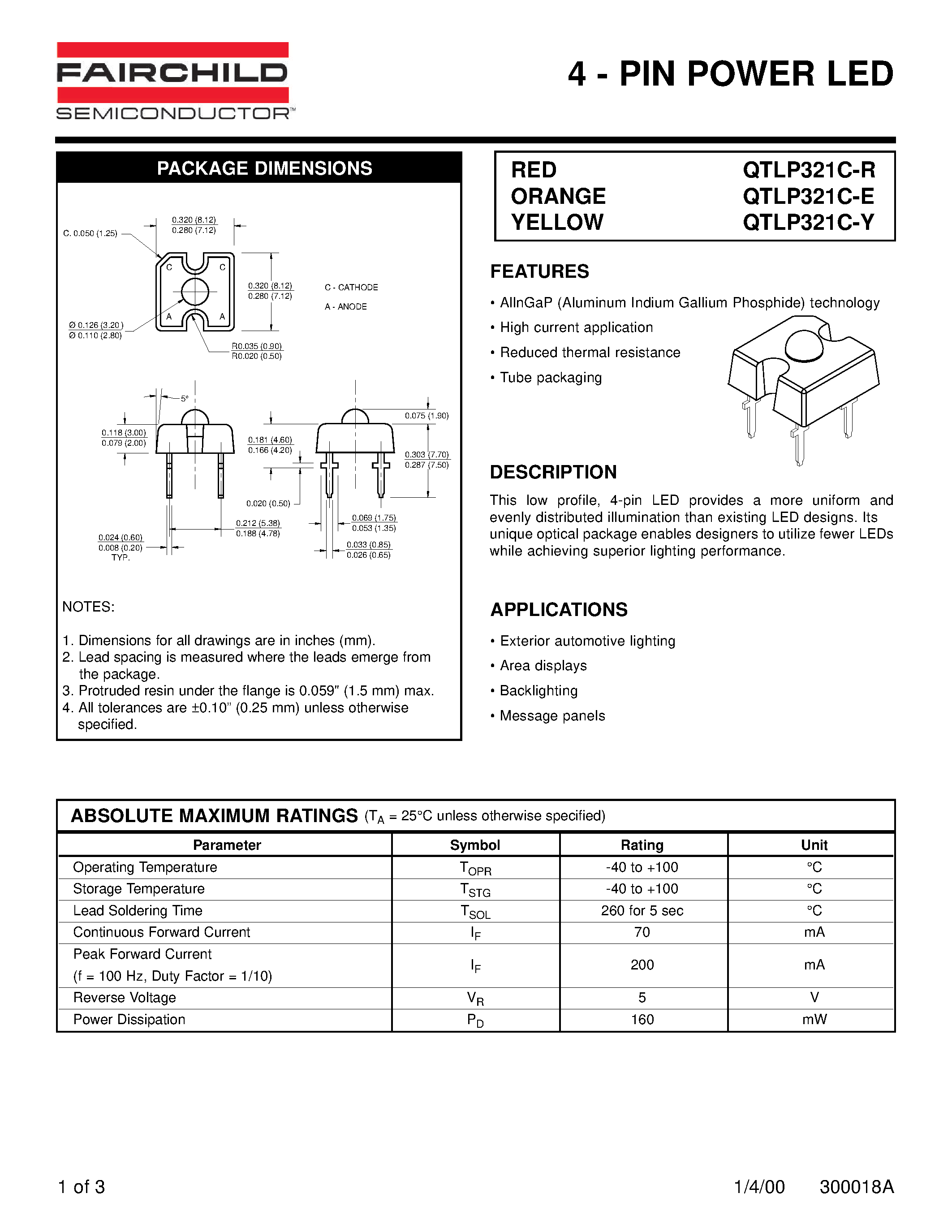 Datasheet QTLP321C-R - 4 - PIN POWER LED page 1