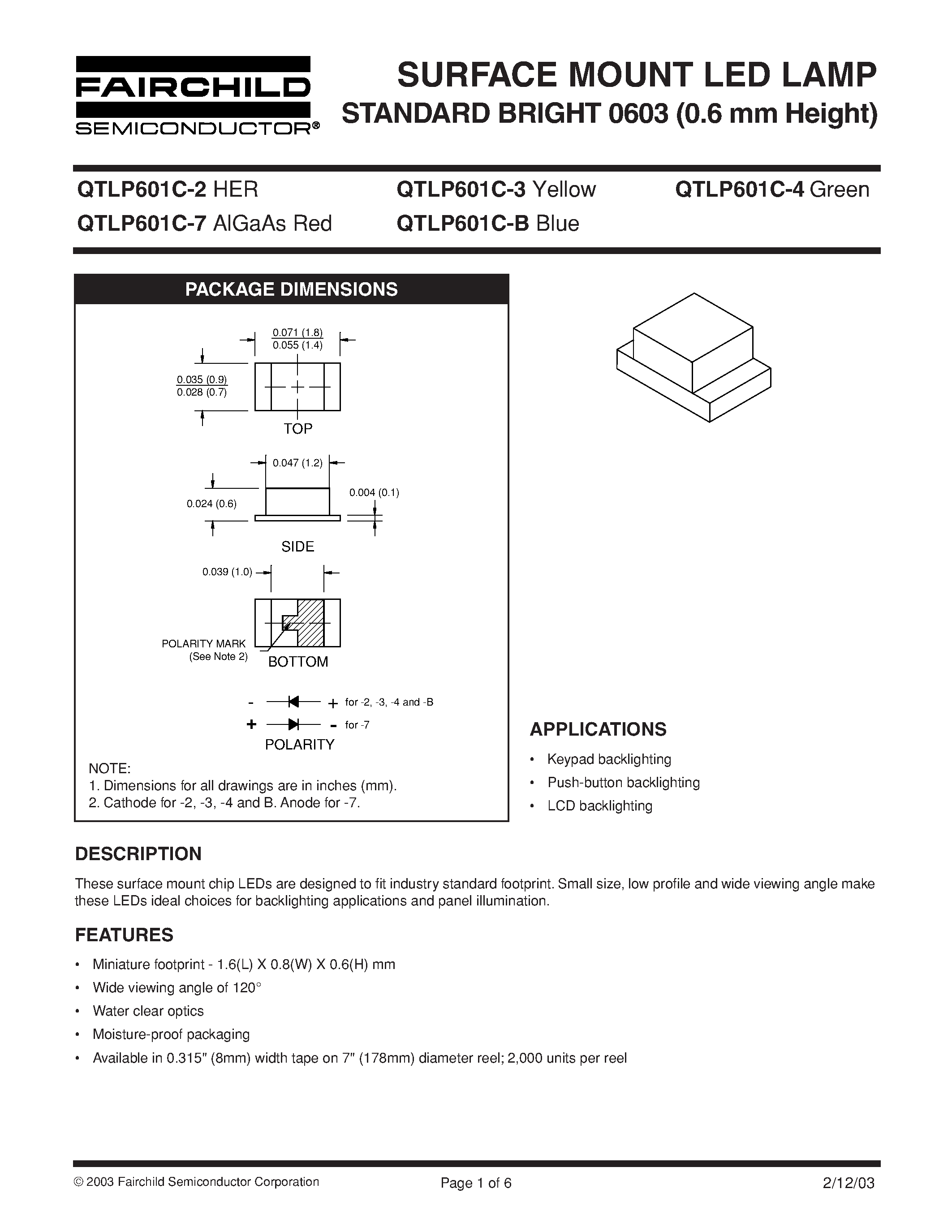 Datasheet QTLP601C-B - SURFACE MOUNT LED LAMP STANDARD BRIGHT 0603 (0.6 mm Height) page 1