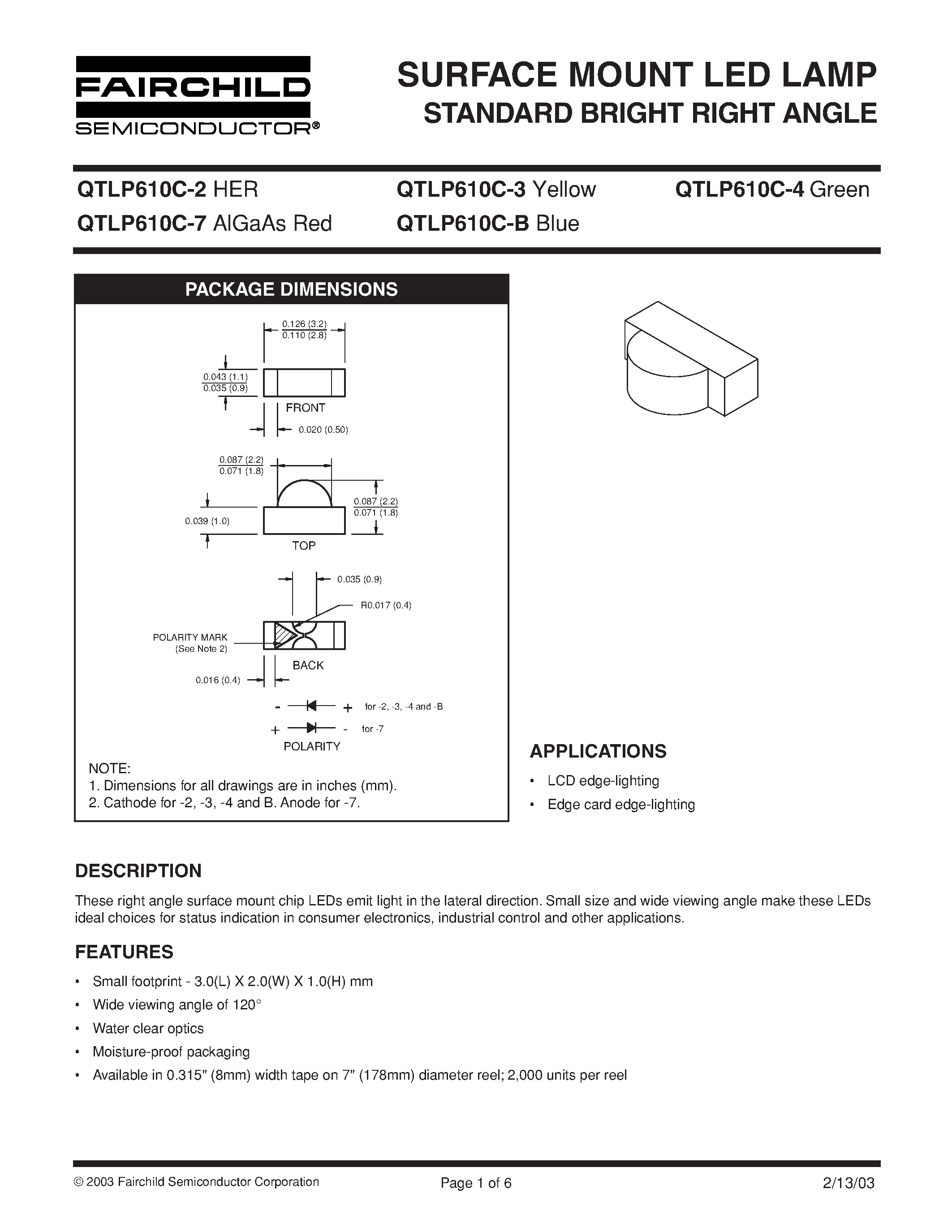 Datasheet QTLP610C-B - SURFACE MOUNT LED LAMP STANDARD BRIGHT RIGHT ANGLE page 1