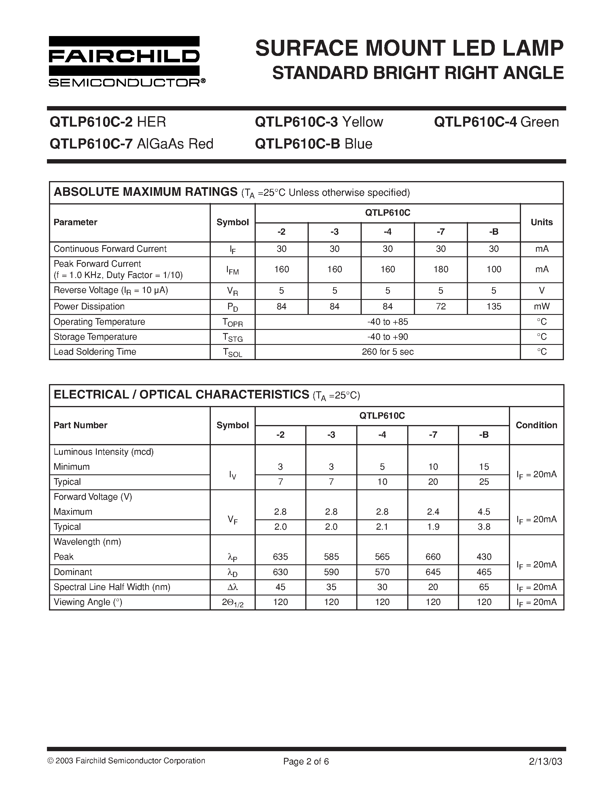 Datasheet QTLP610C-B - SURFACE MOUNT LED LAMP STANDARD BRIGHT RIGHT ANGLE page 2