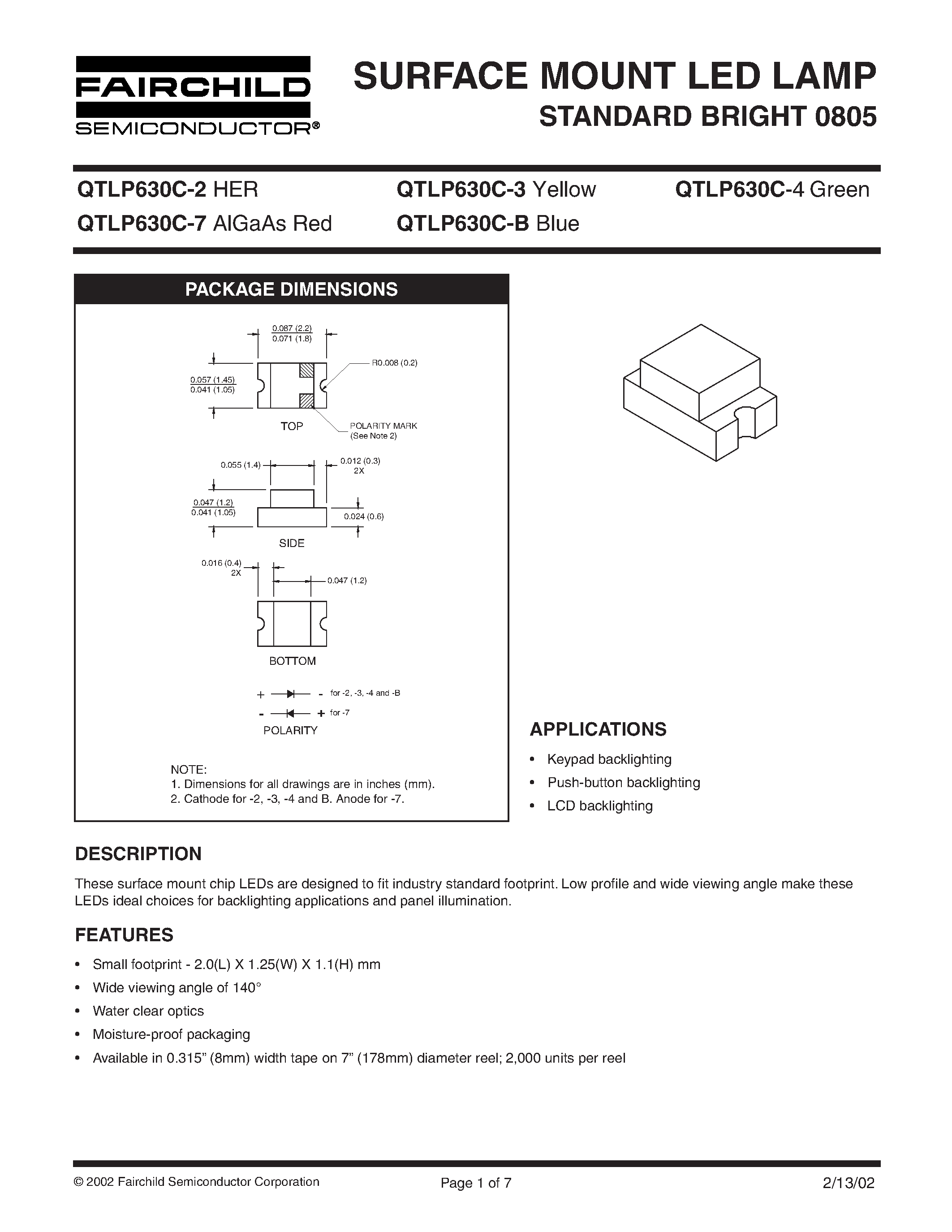 Datasheet QTLP630C-B - SURFACE MOUNT LED LAMP STANDARD BRIGHT 0805 page 1