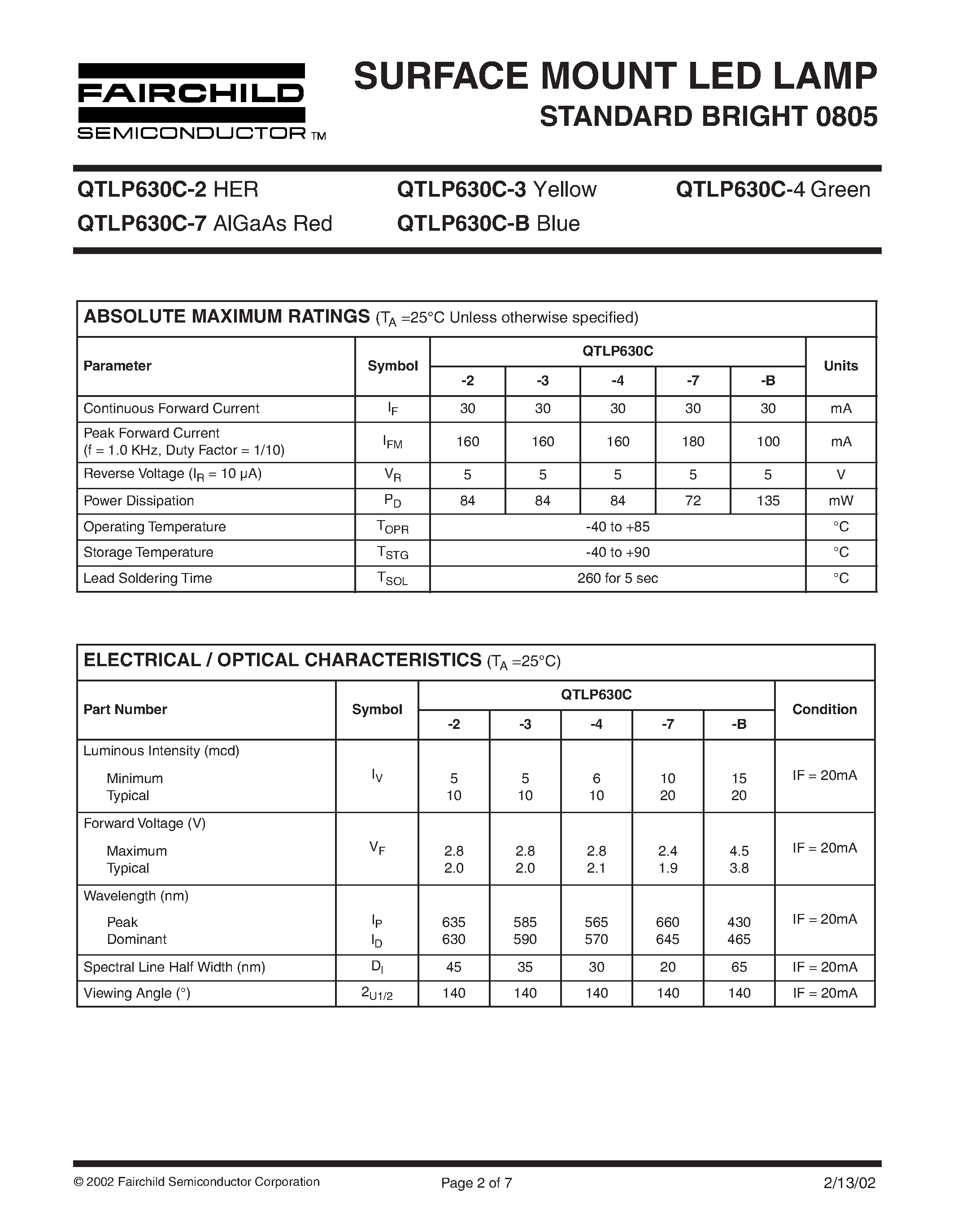 Datasheet QTLP630C-B - SURFACE MOUNT LED LAMP STANDARD BRIGHT 0805 page 2