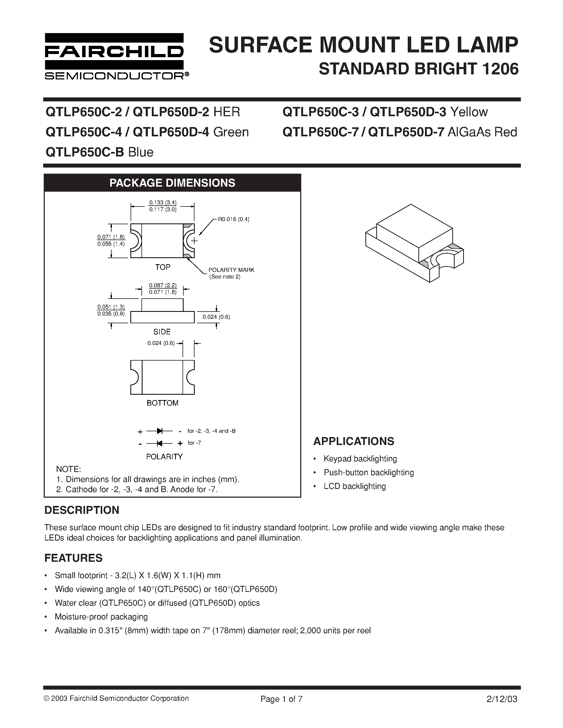 Datasheet QTLP650C-B - SURFACE MOUNT LED LAMP STANDARD BRIGHT 1206 page 1