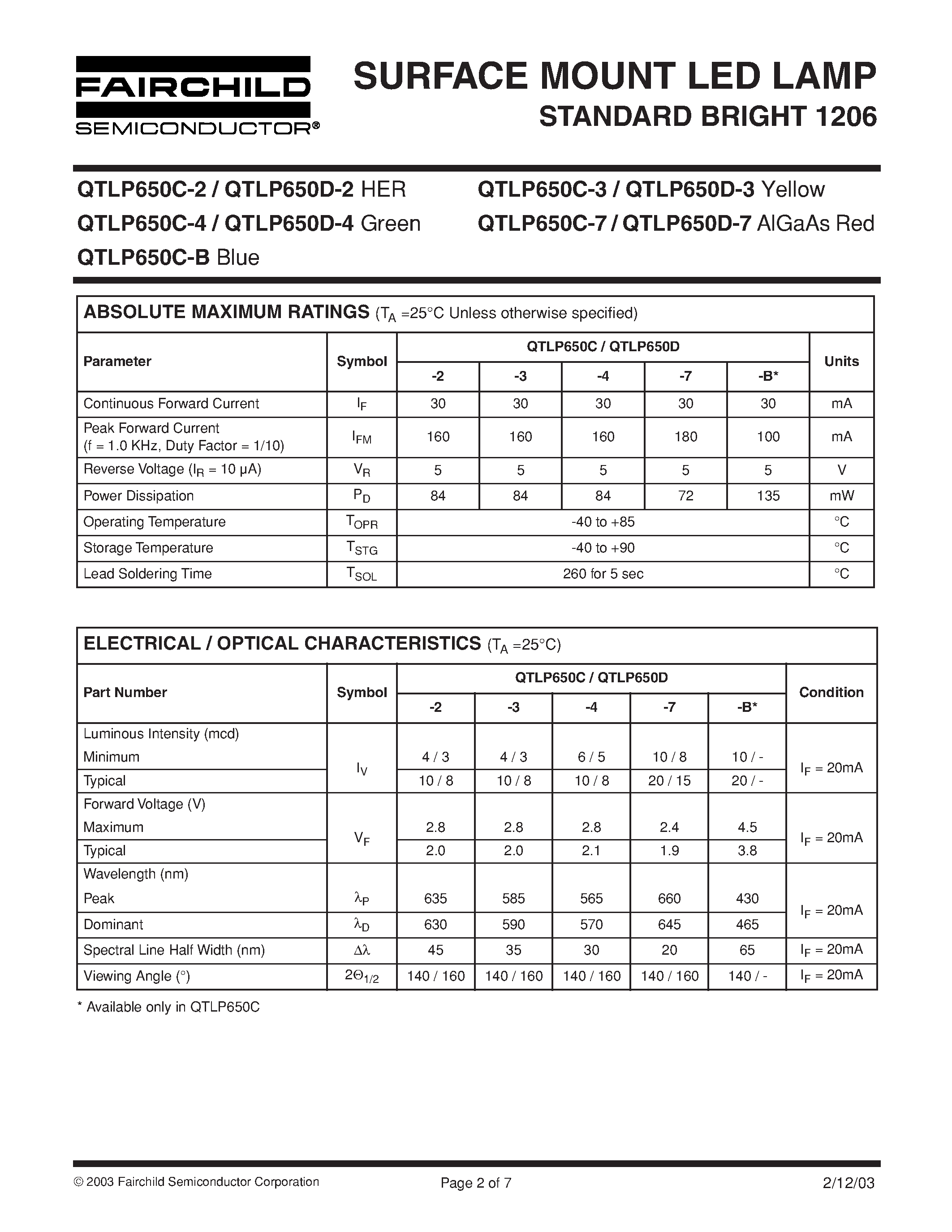 Datasheet QTLP650C-B - SURFACE MOUNT LED LAMP STANDARD BRIGHT 1206 page 2