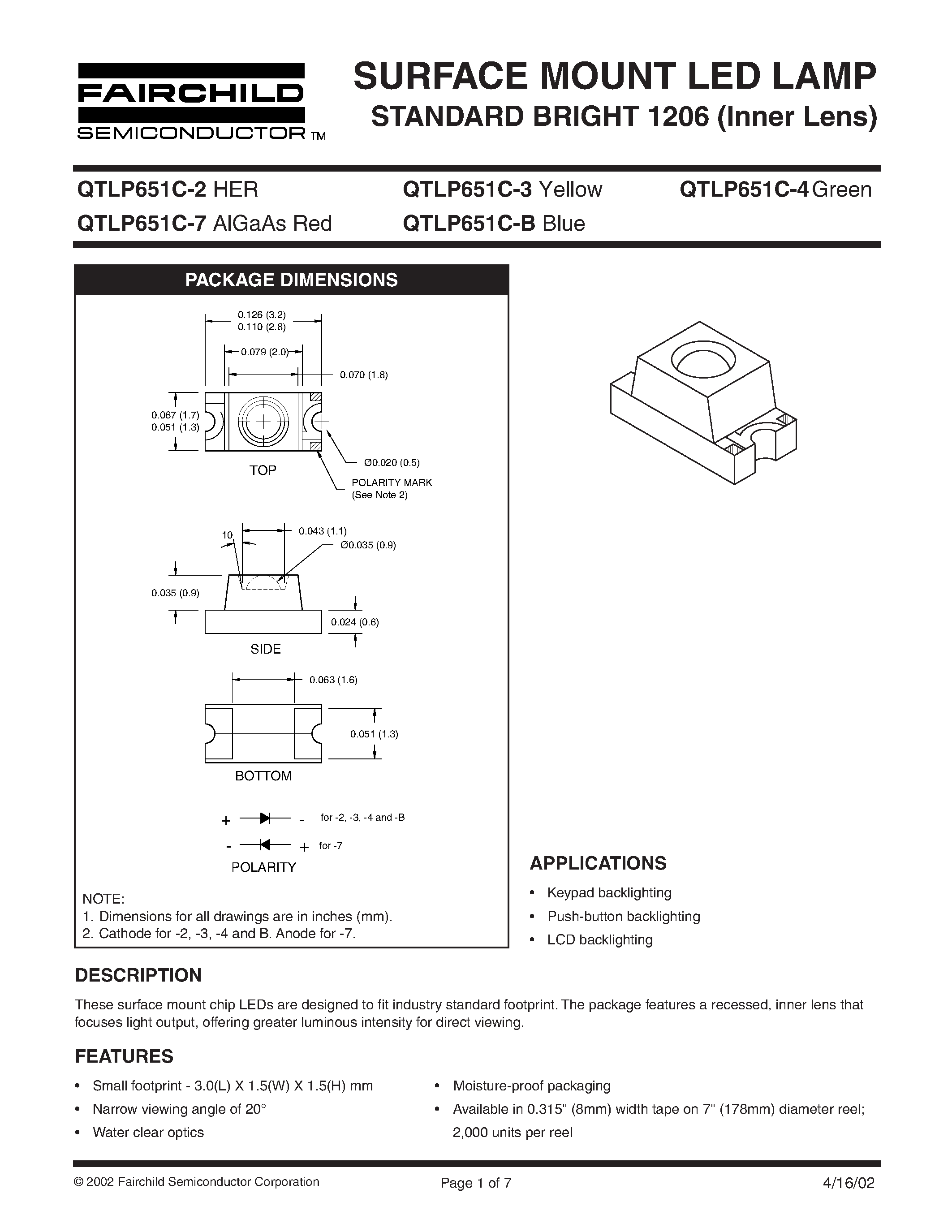 Datasheet QTLP651C-B - SURFACE MOUNT LED LAMP STANDARD BRIGHT 1206 Inner Lens page 1