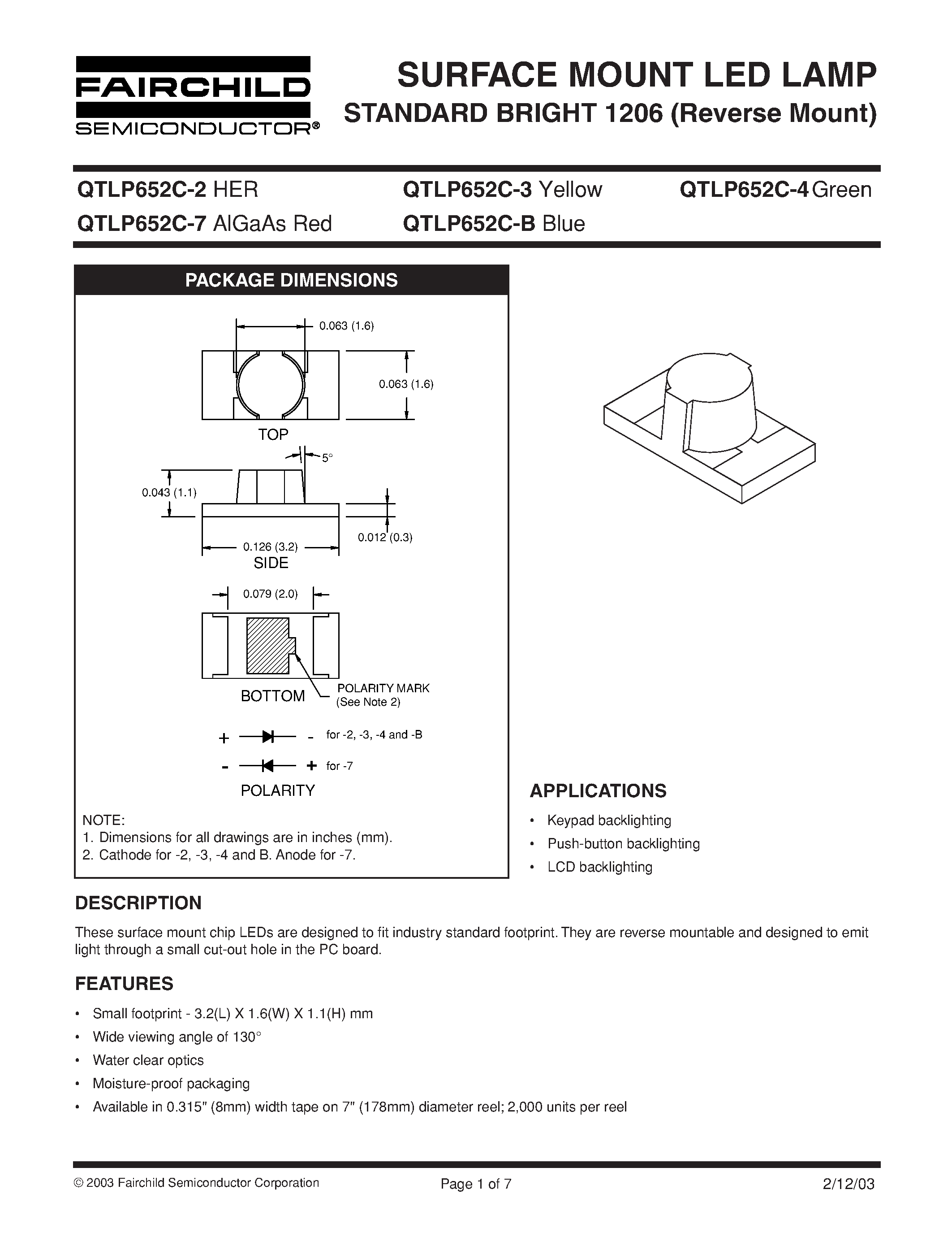 Datasheet QTLP652C-B - SURFACE MOUNT LED LAMP STANDARD BRIGHT 1206 (Reverse Mount) page 1