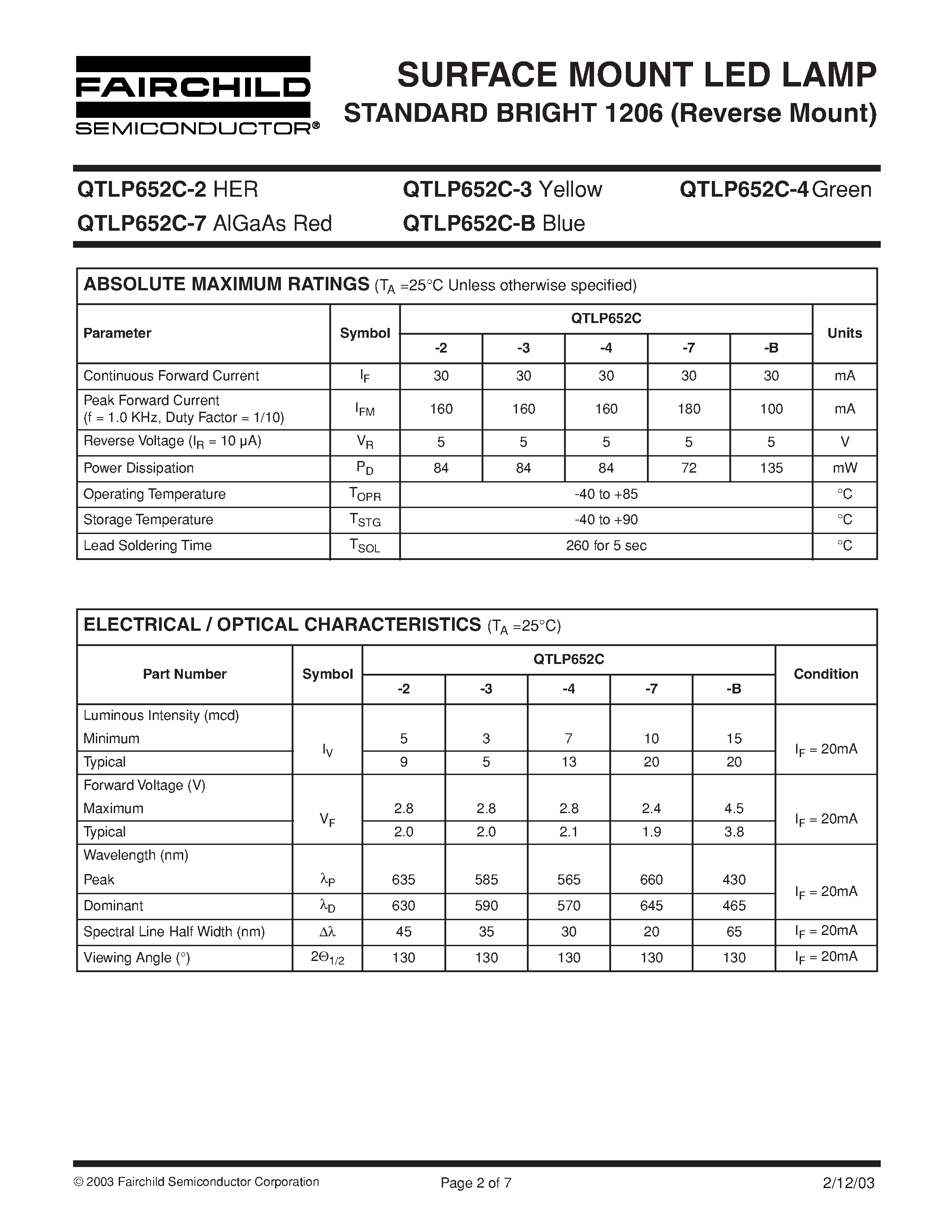 Datasheet QTLP652C-B - SURFACE MOUNT LED LAMP STANDARD BRIGHT 1206 (Reverse Mount) page 2