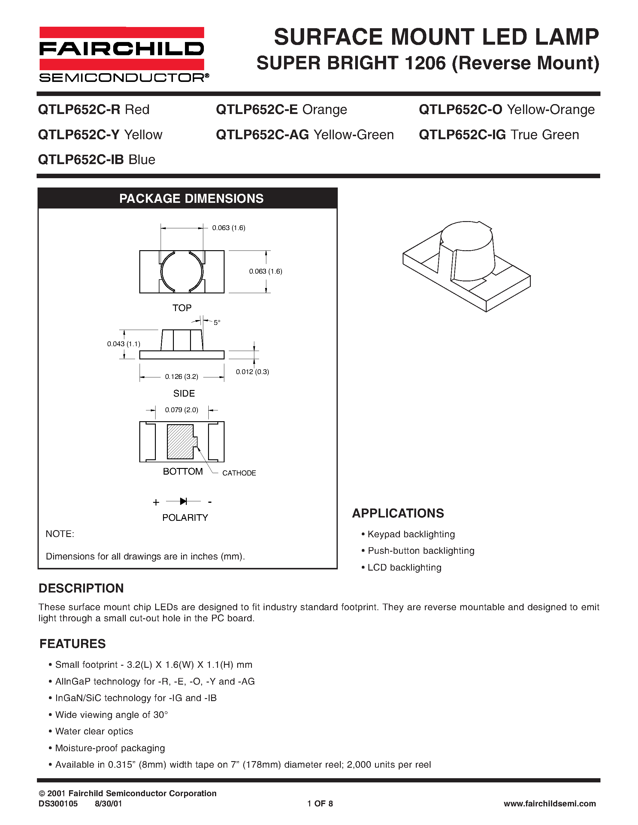 Datasheet QTLP652C-R - SURFACE MOUNT LED LAMP SUPER BRIGHT 1206 (Reverse Mount) page 1