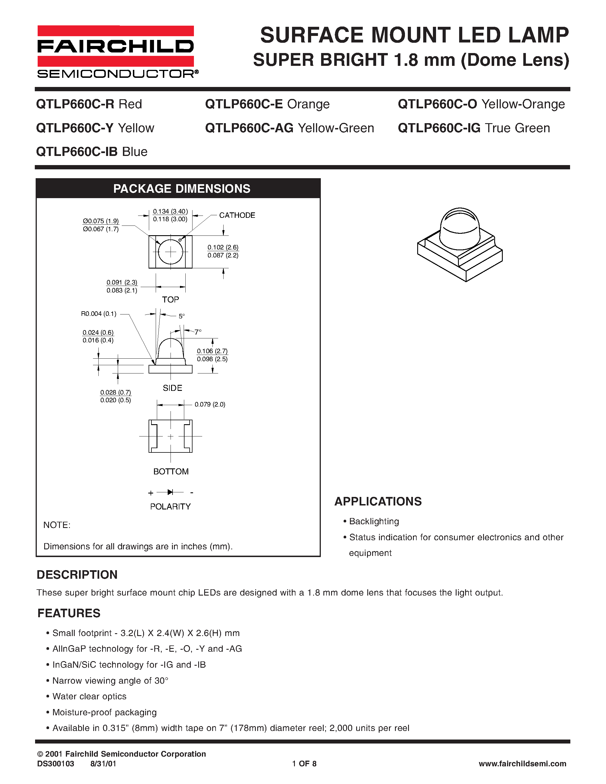 Datasheet QTLP660C-E - SURFACE MOUNT LED LAMP SUPER BRIGHT 1.8 mm (Dome Lens) page 1