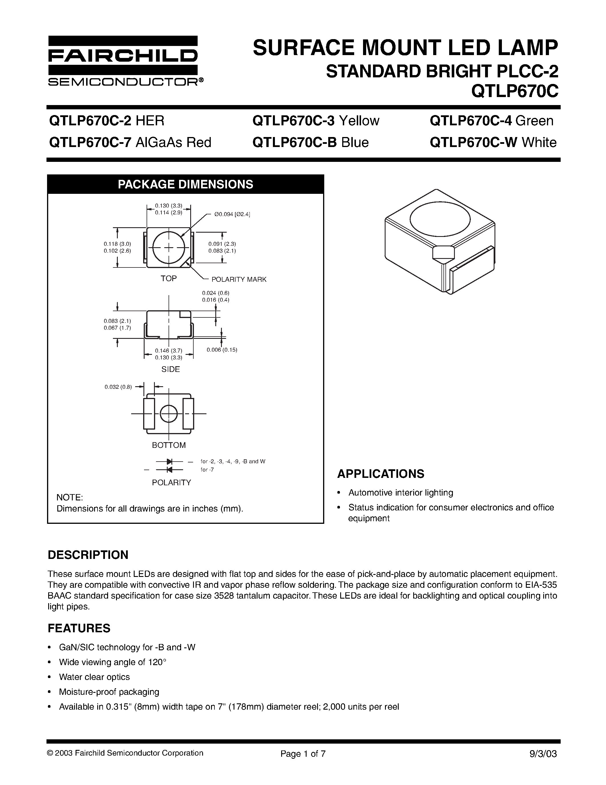 Даташит QTLP670C-3 - SURFACE MOUNT LED LAMP STANDARD BRIGHT PLCC-2 страница 1