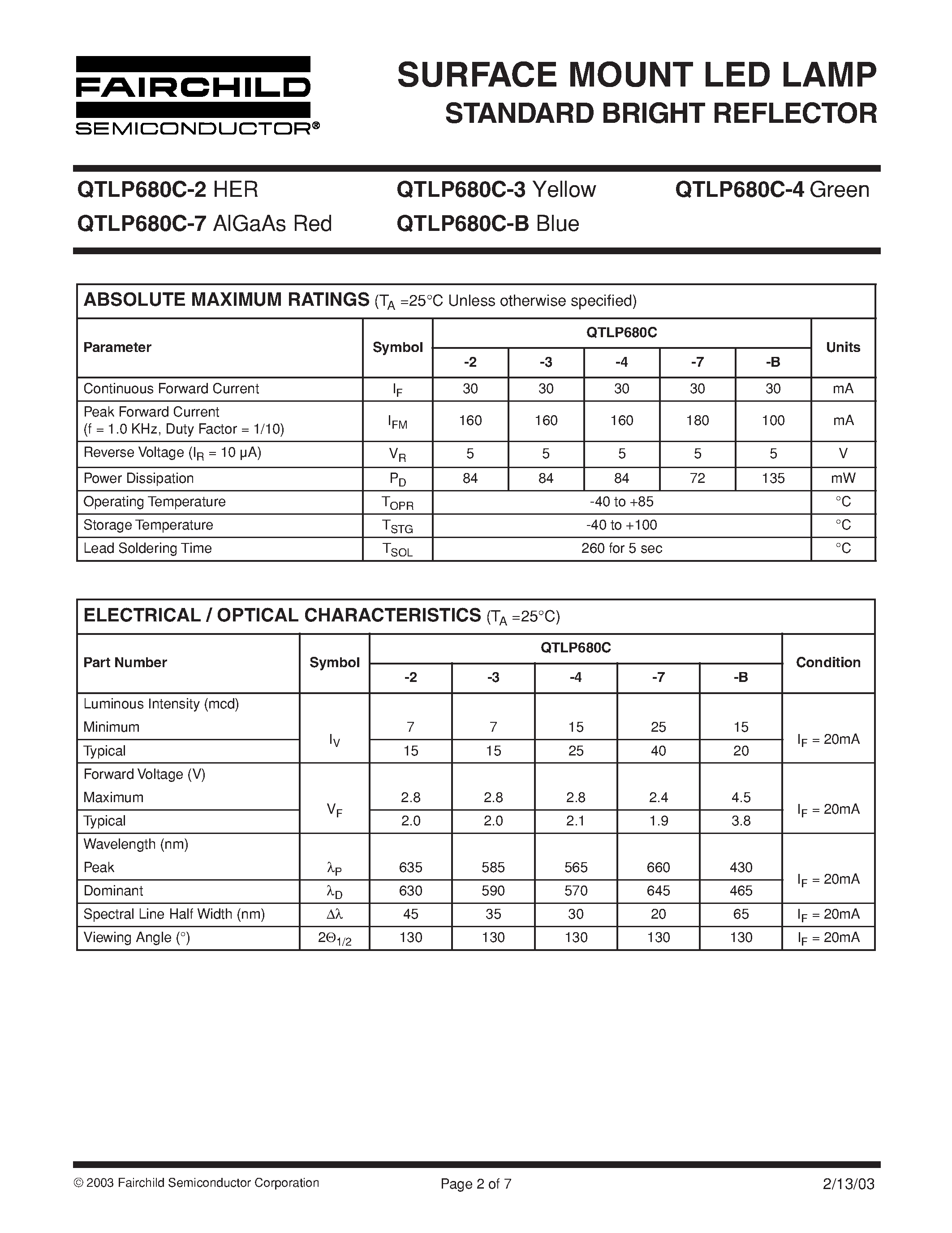 Datasheet QTLP680C-B - SURFACE MOUNT LED LAMP STANDARD BRIGHT REFLECTOR page 2