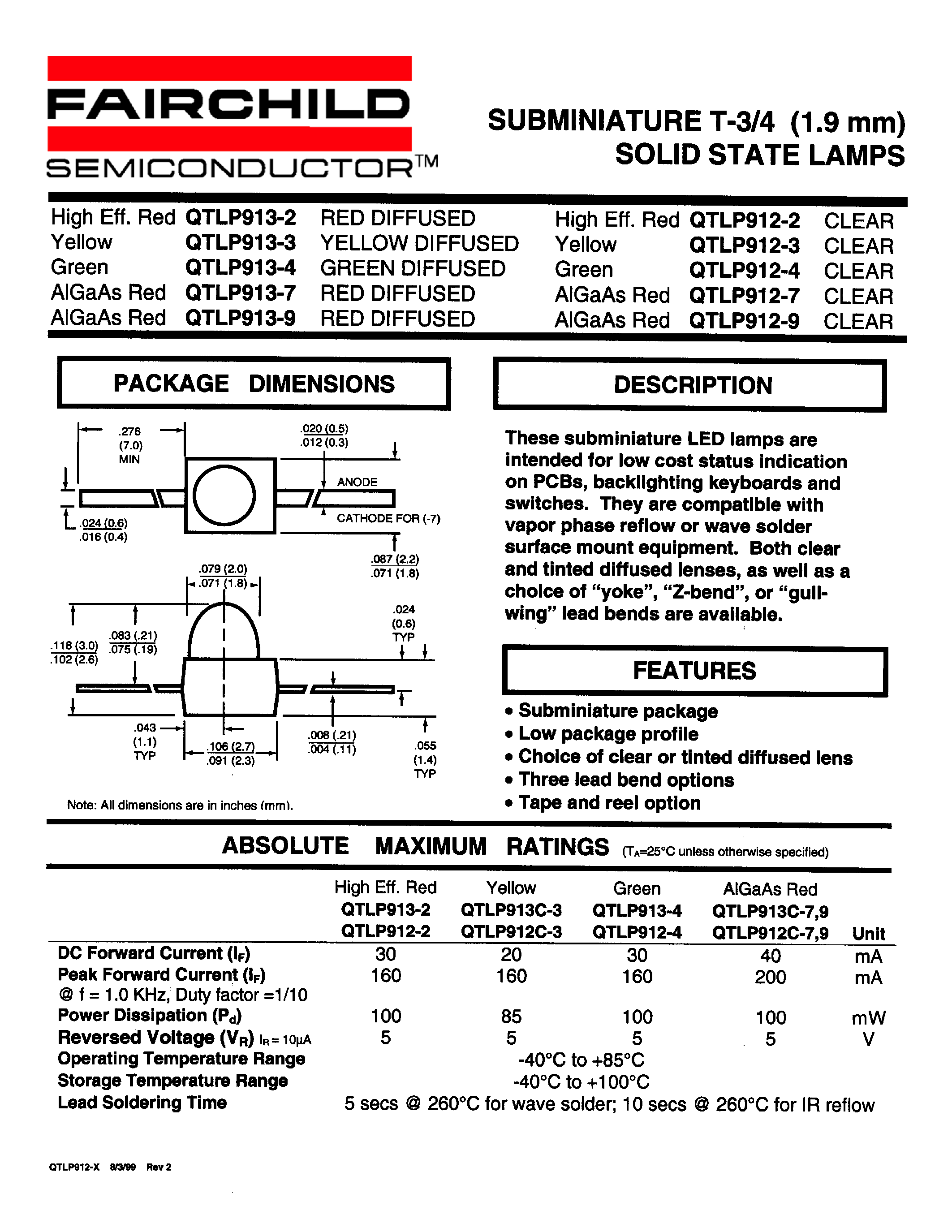 Даташит QTLP912-2 - SUBMINIATURE T-3/4 (1.9 mm) SOLID STATE LAMPS страница 1