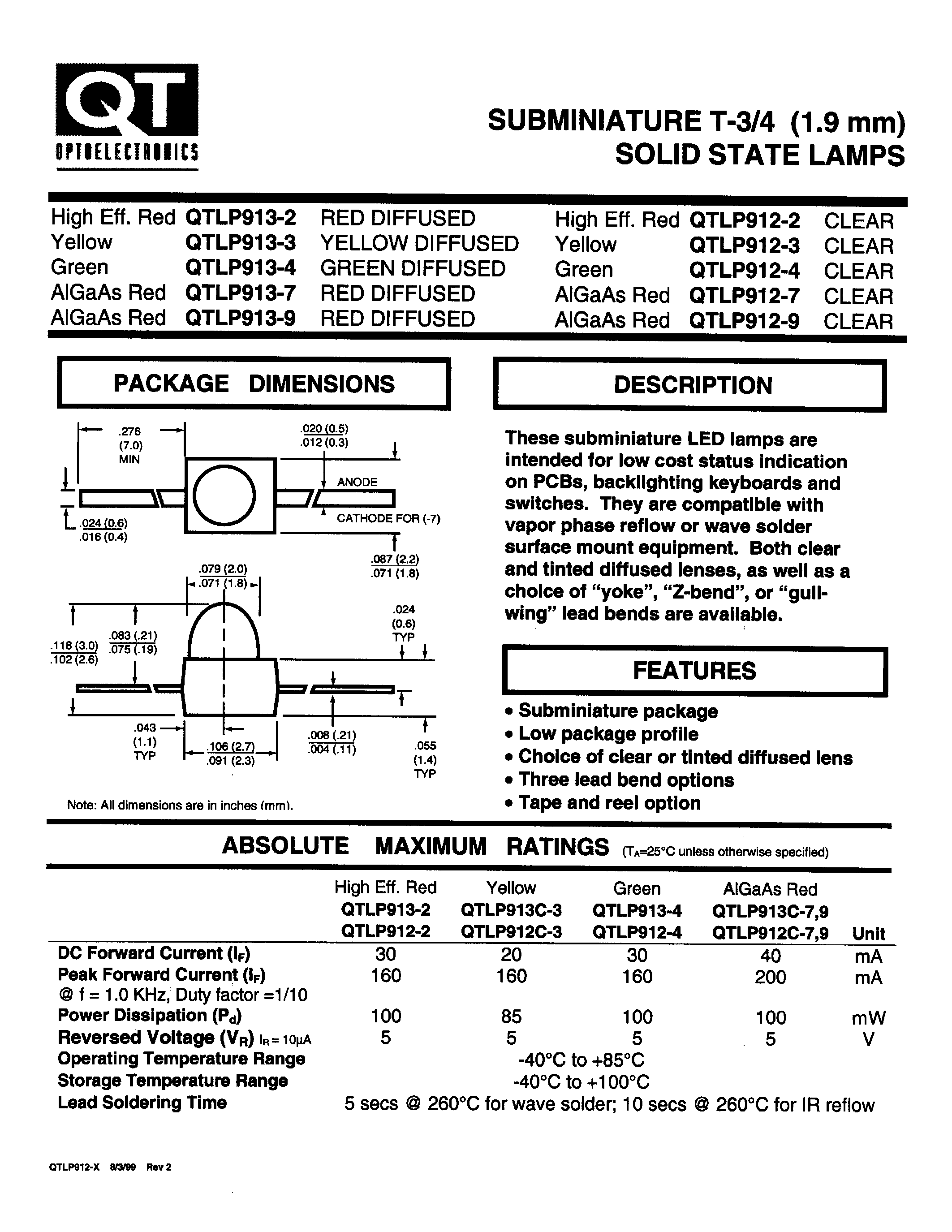 Datasheet QTLP912-2 - SUBMINIATURE T-3/4 (1.9 mm) SOLID STATE LAMPS page 1