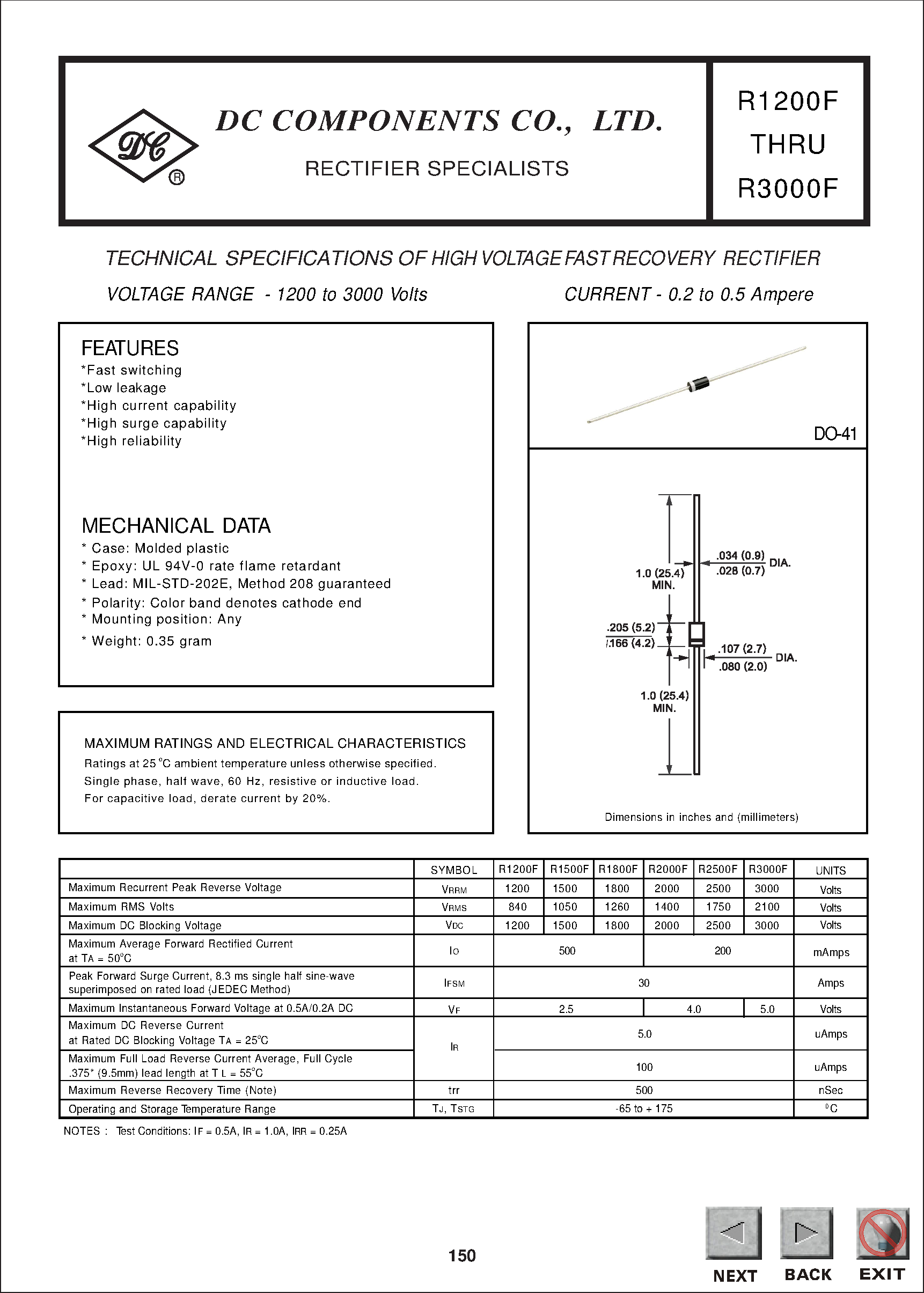 Даташит R1800F - HIGH VOLTAGE FAST RECOVERY RECTIFIER (VOLTAGE RANGE 1200 to 2000 Volts CURRENT 0.2 to 0.5 Ampere) страница 1