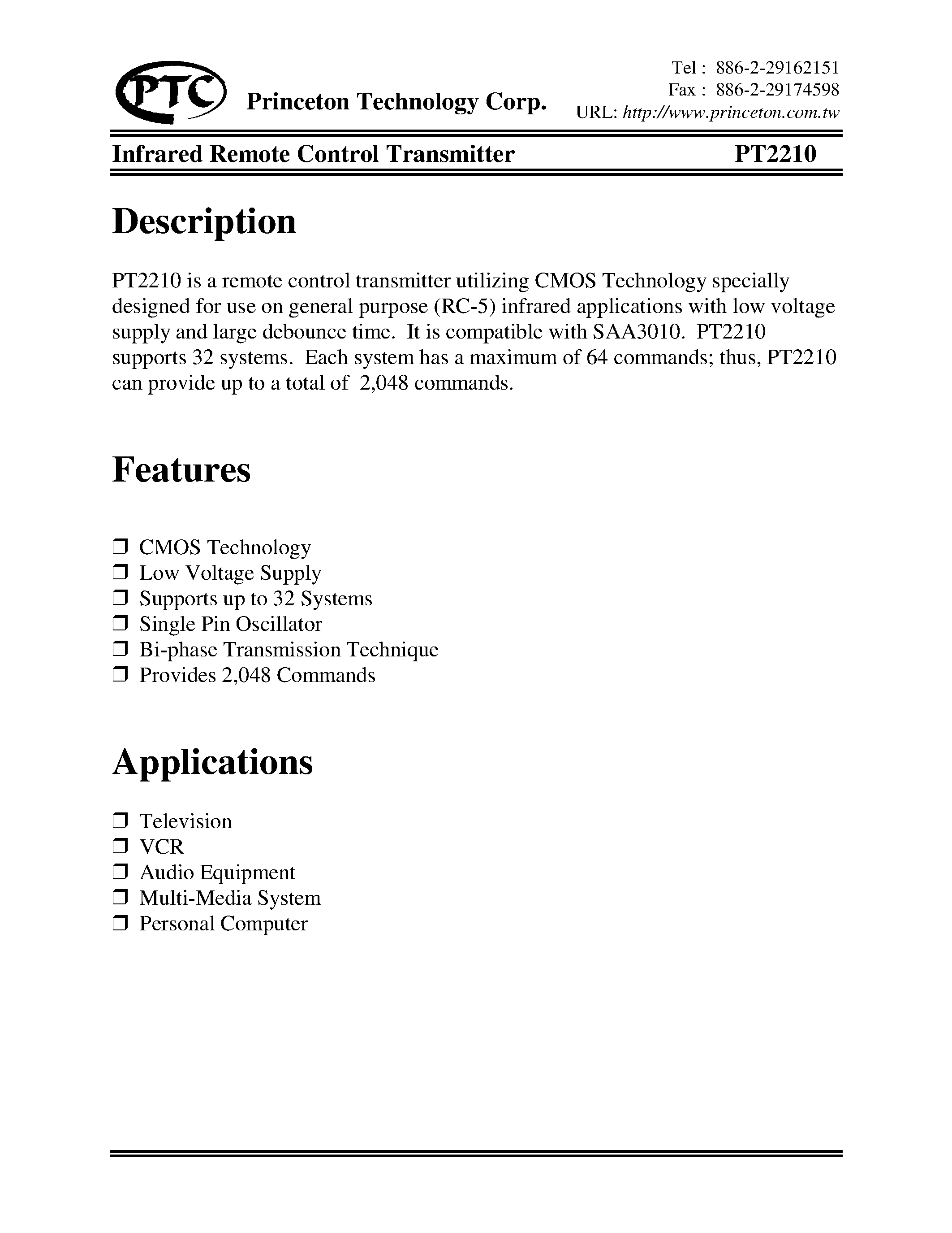 Datasheet PT2210-D - Infrared Remote Control Transmitter page 1