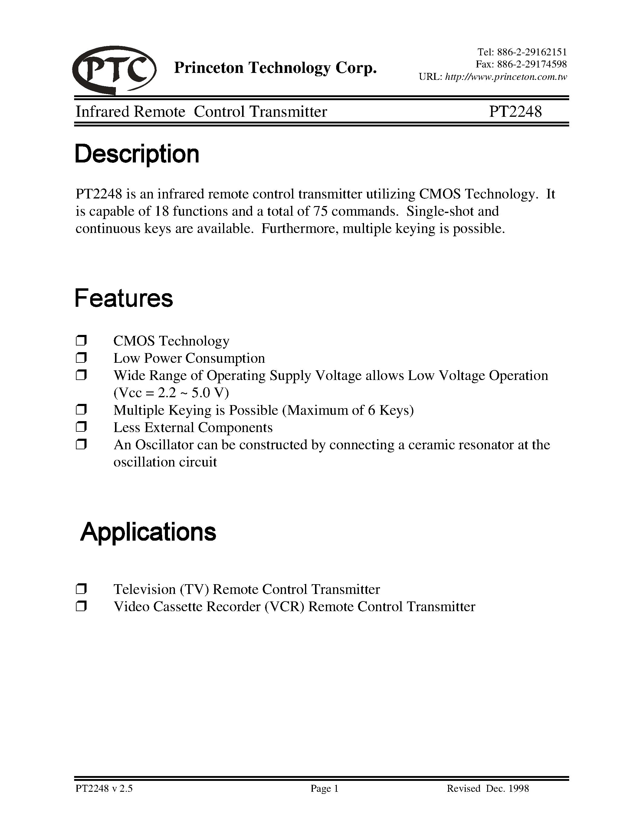 Даташит PT2248-P - Infrared Remote Control Transmitter страница 1