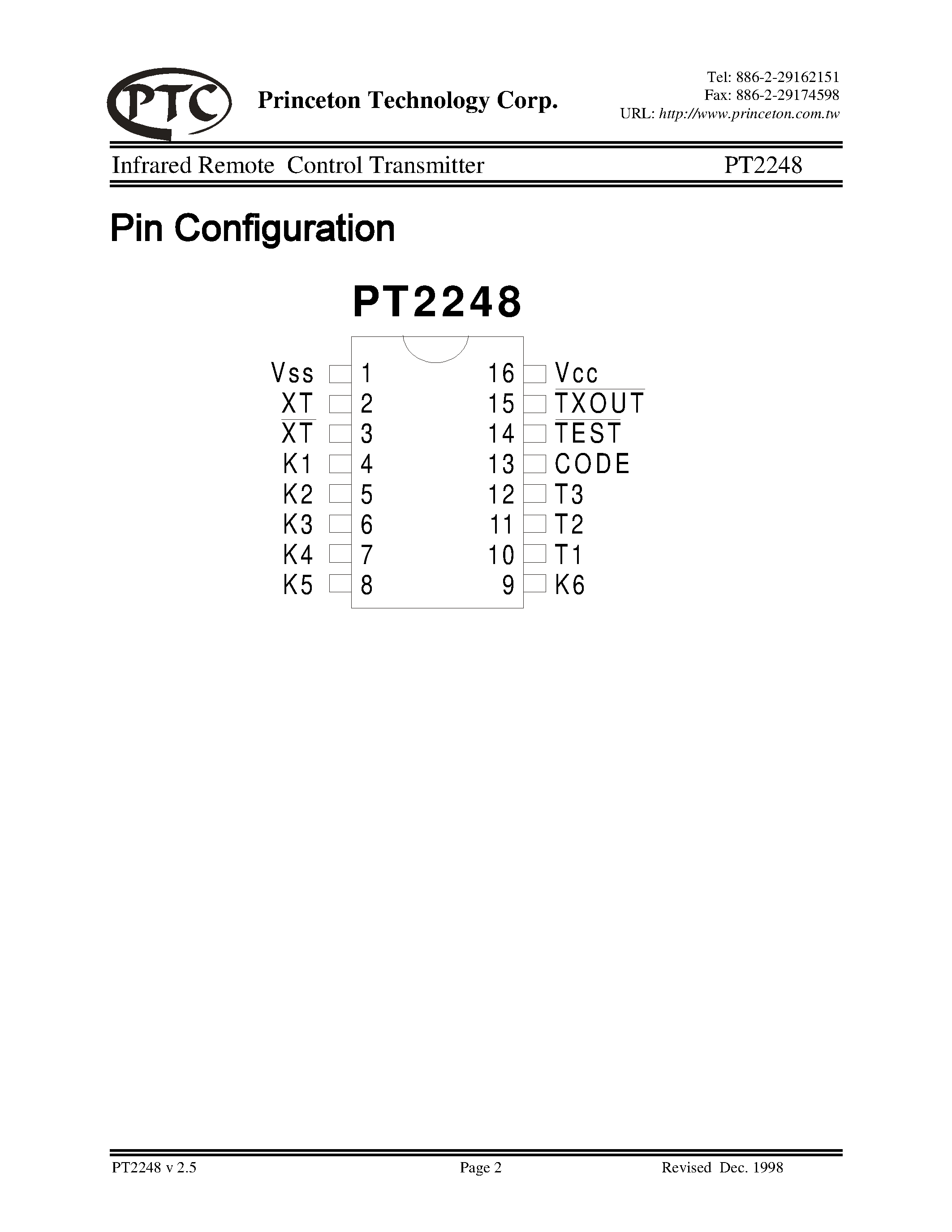 Даташит PT2248-P - Infrared Remote Control Transmitter страница 2