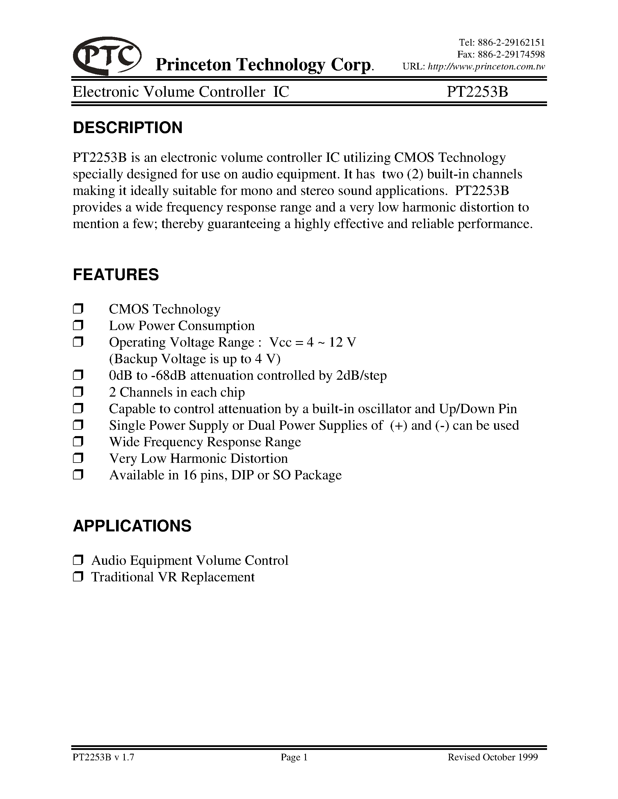 Datasheet PT2253B-D - Electronic Volume Controller IC page 1