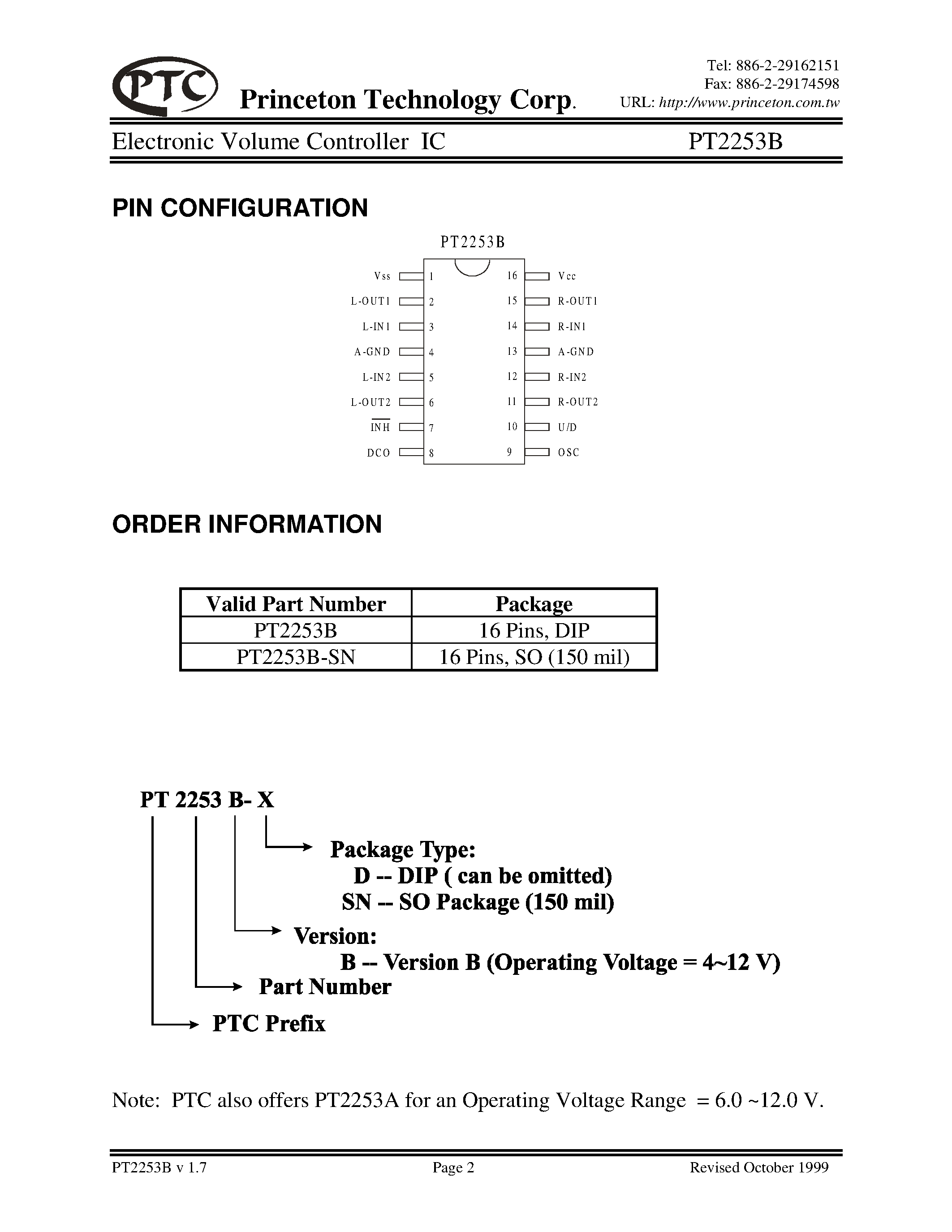 Datasheet PT2253B-D - Electronic Volume Controller IC page 2