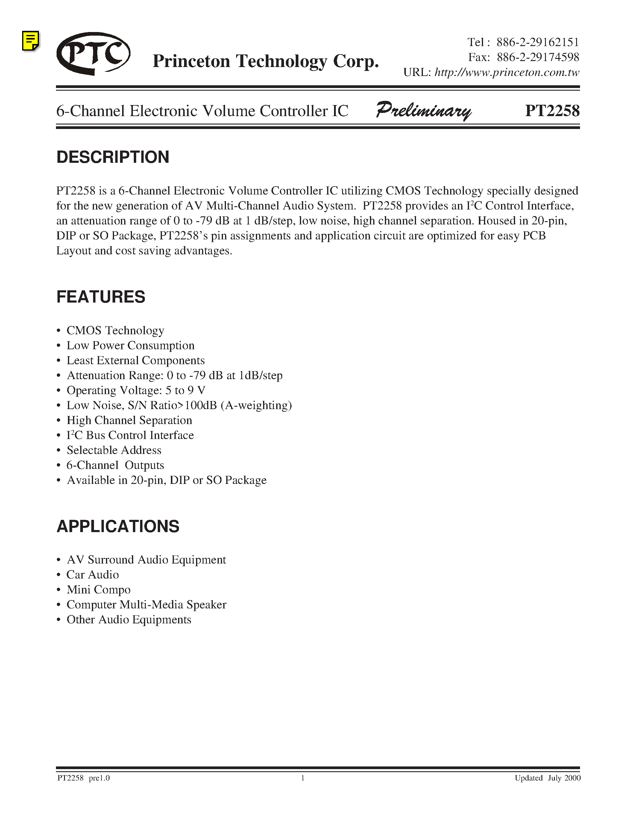 Даташит PT2258 - 6-Channel Electronic Volume Controller IC страница 1